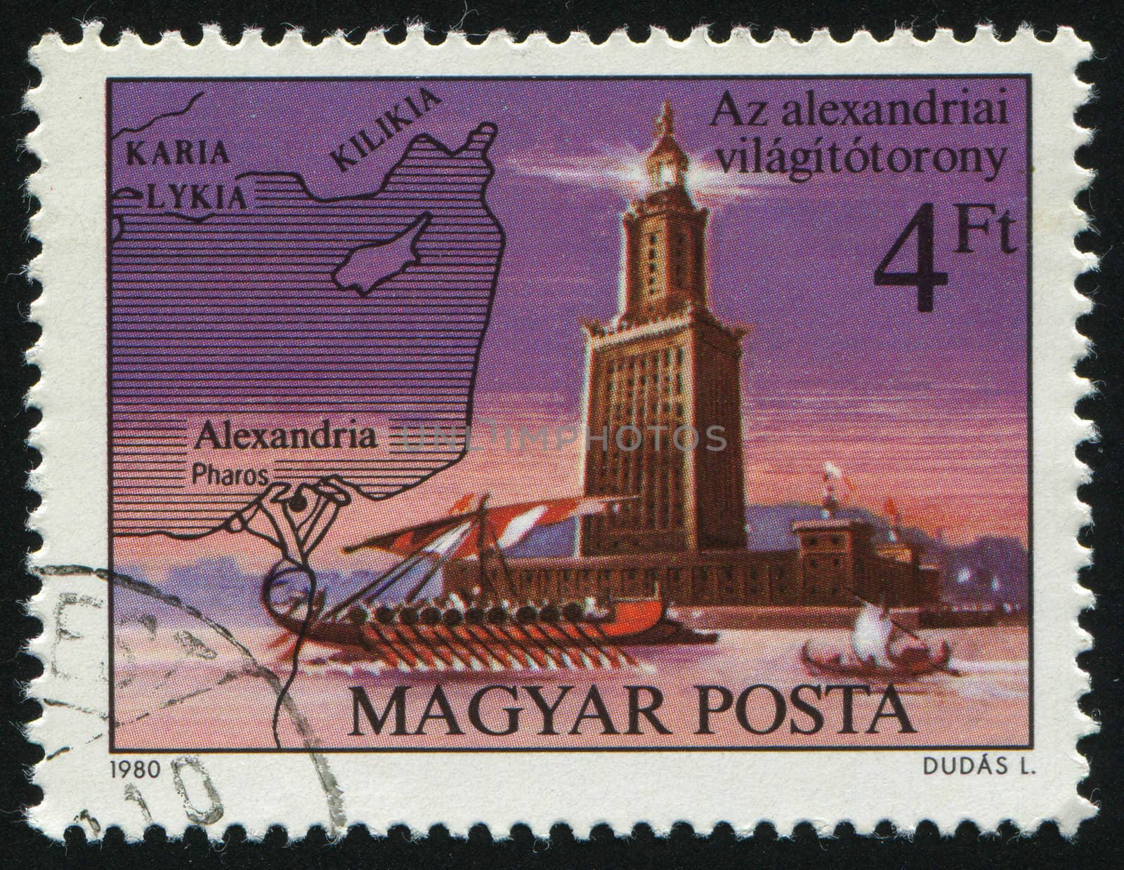 HUNGARY - CIRCA 1980: Seven Wonders of the Ancient World. Pharos lighthause, Alexandria, circa 1980.