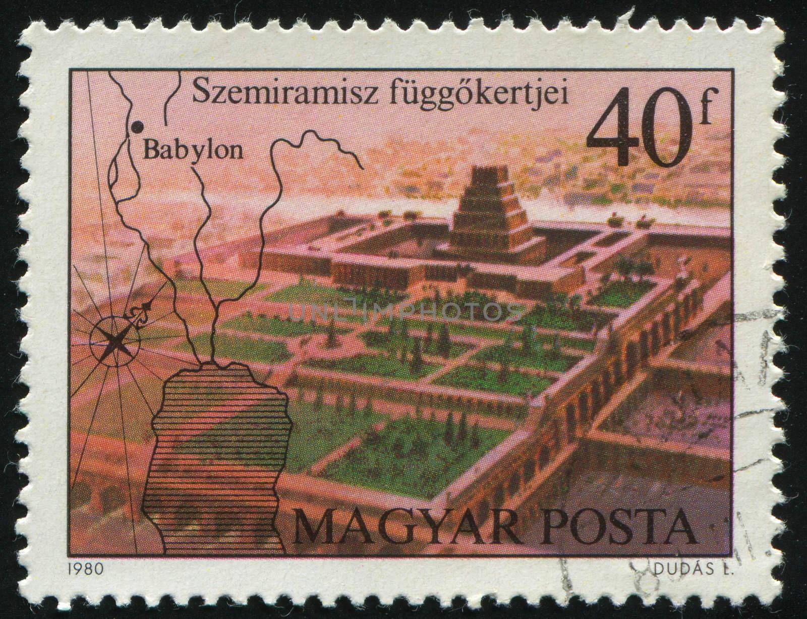 HUNGARY - CIRCA 1980: Seven Wonders of the Ancient World. Hanging Gardens of Semiramis, circa 1980.