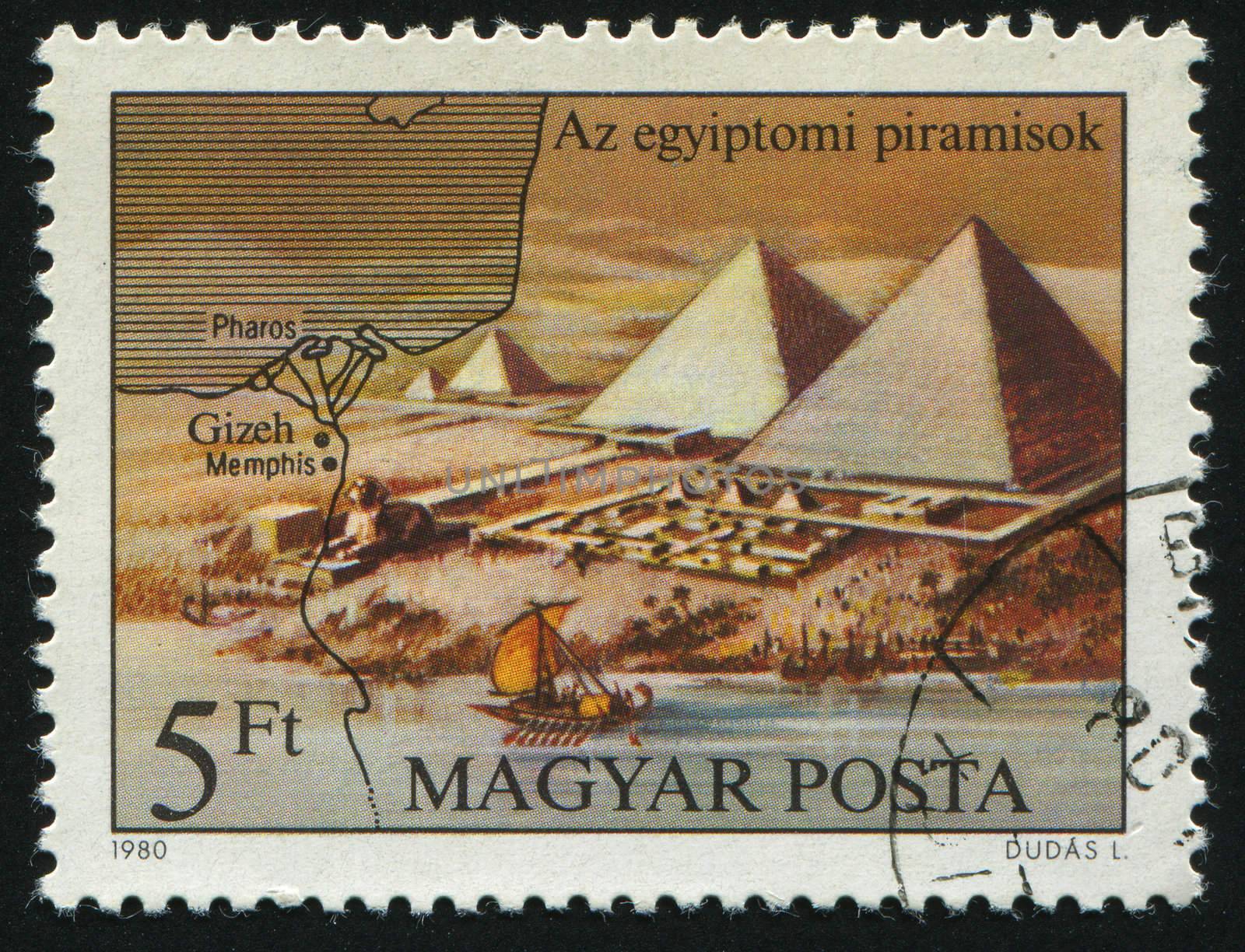 HUNGARY - CIRCA 1980: Seven Wonders of the Ancient World. Pyramids, circa 1980.