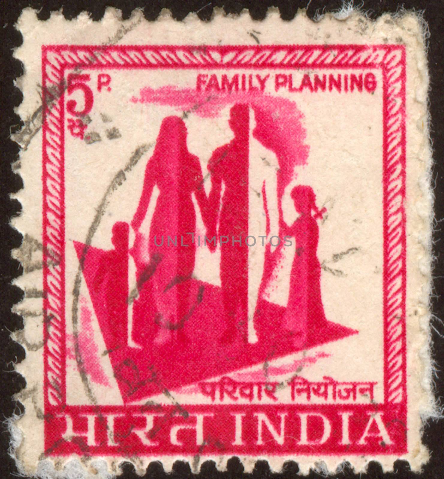 The scanned stamp. The Indian stamp. Family walk. Mother, the father, the son and the daughter.
