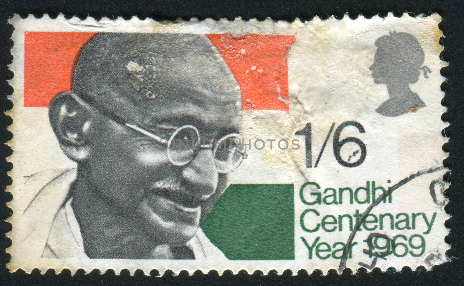 GREAT BRITAIN - CIRCA 1969: Mahatma Gandhi and Flag of India, circa 1969.