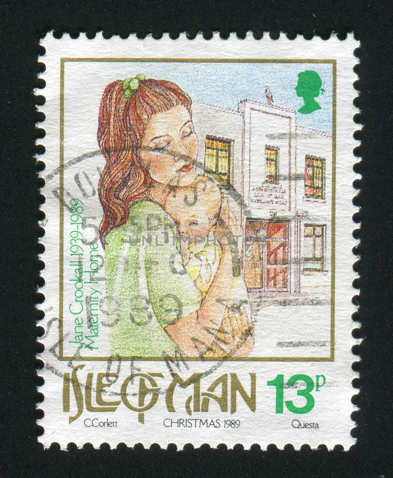 ISLE OF MAN - CIRCA 1989: Jane Crookall Maternity Home 50th anniv (13p) and 75th anniv. of the consecration of St. Ninian�s Church, circa 1989.