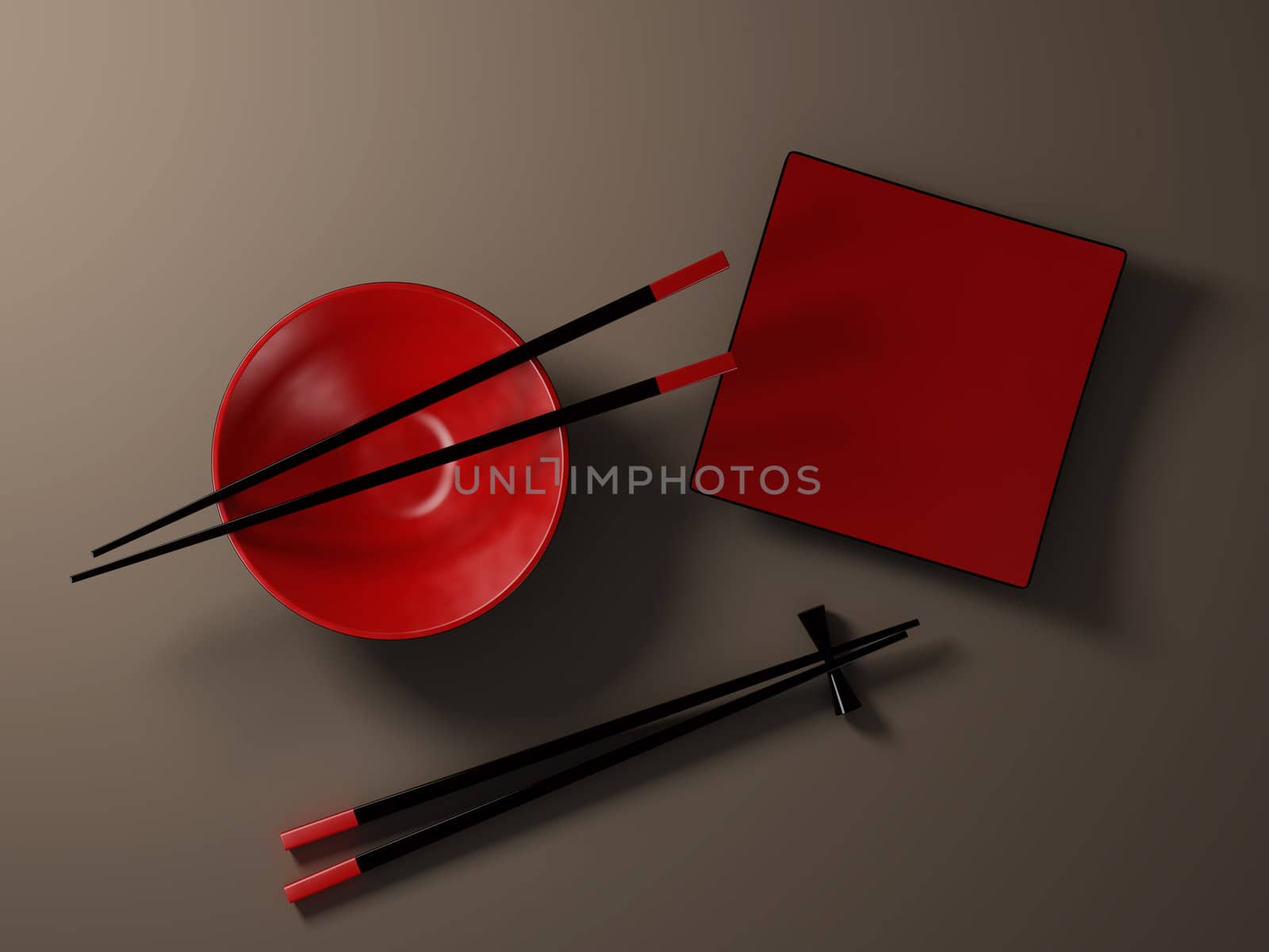 Japanese ware. 3d illustration. Chopsticks lay on a plate.