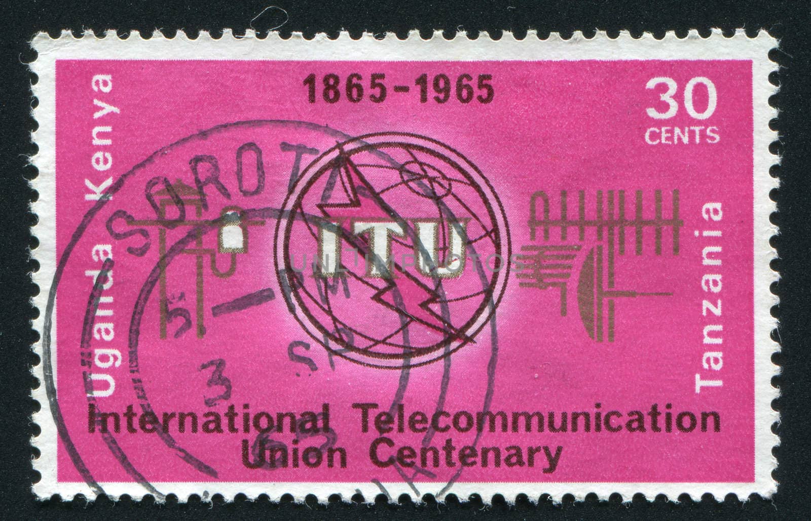 KENYA - CIRCA 1965: ITU Emblem, Old and Modern Communication Equipment, circa 1965.