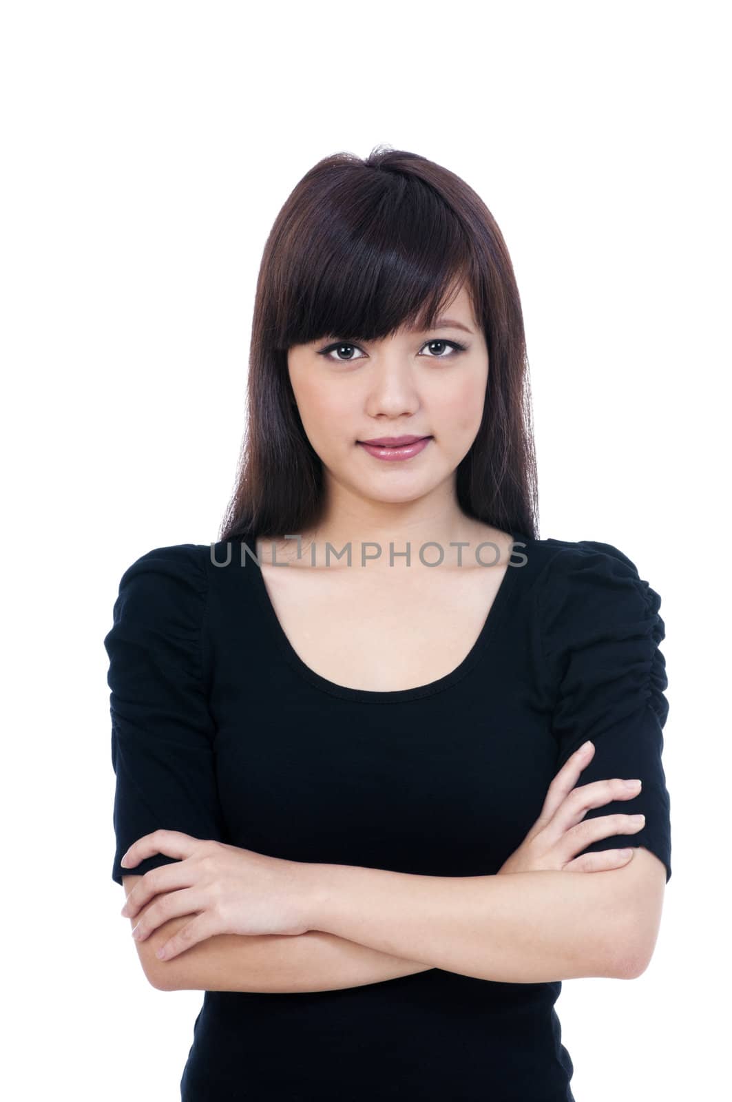 Portrait of an attractive young woman over white background.