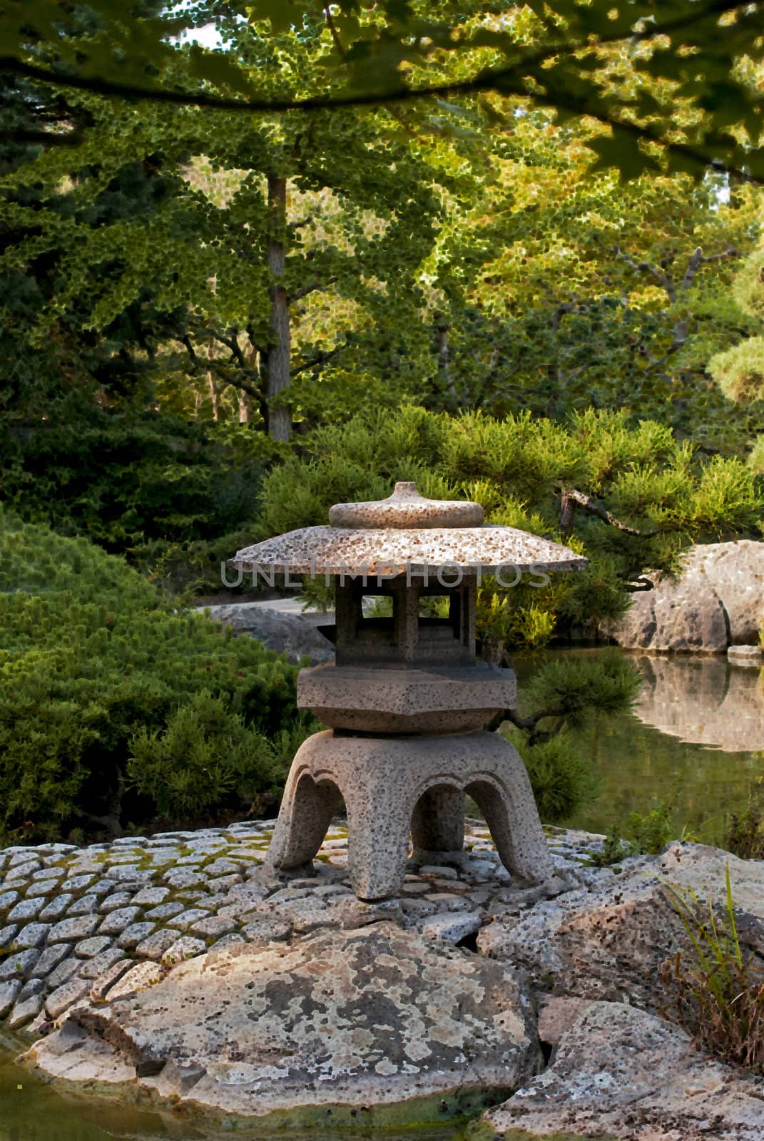 Japanese garden in early autumn, sunny and fresh, paint texture effect