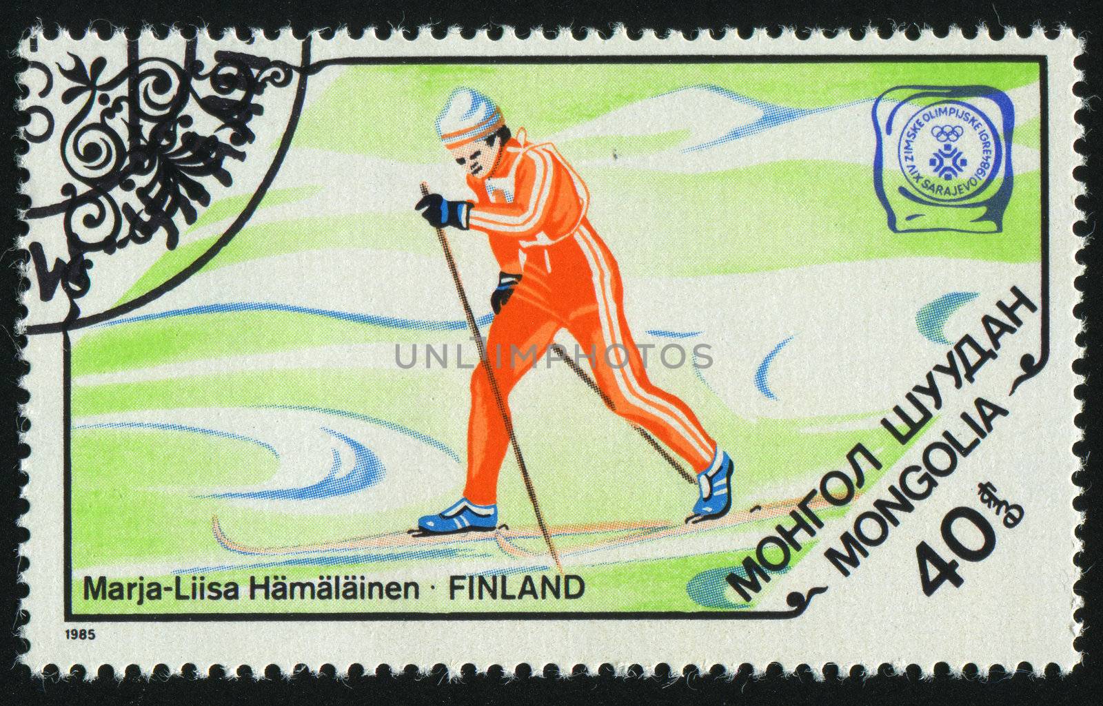 MONGOLIA - CIRCA 1985: 1984 Winter Olympics. Cross-country skiing, circa 1985.