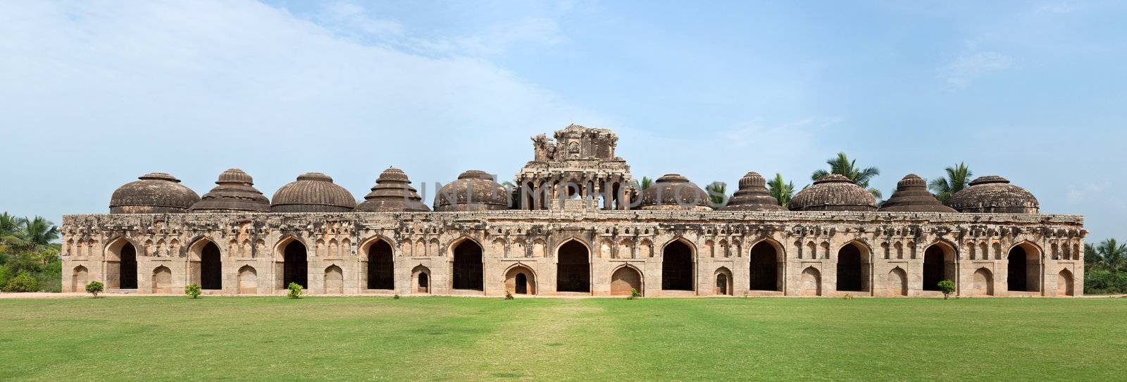 Ancient ruins of Elephant Stables, Royal Centre. Hampi, Karnataka, India. Stitched panorama