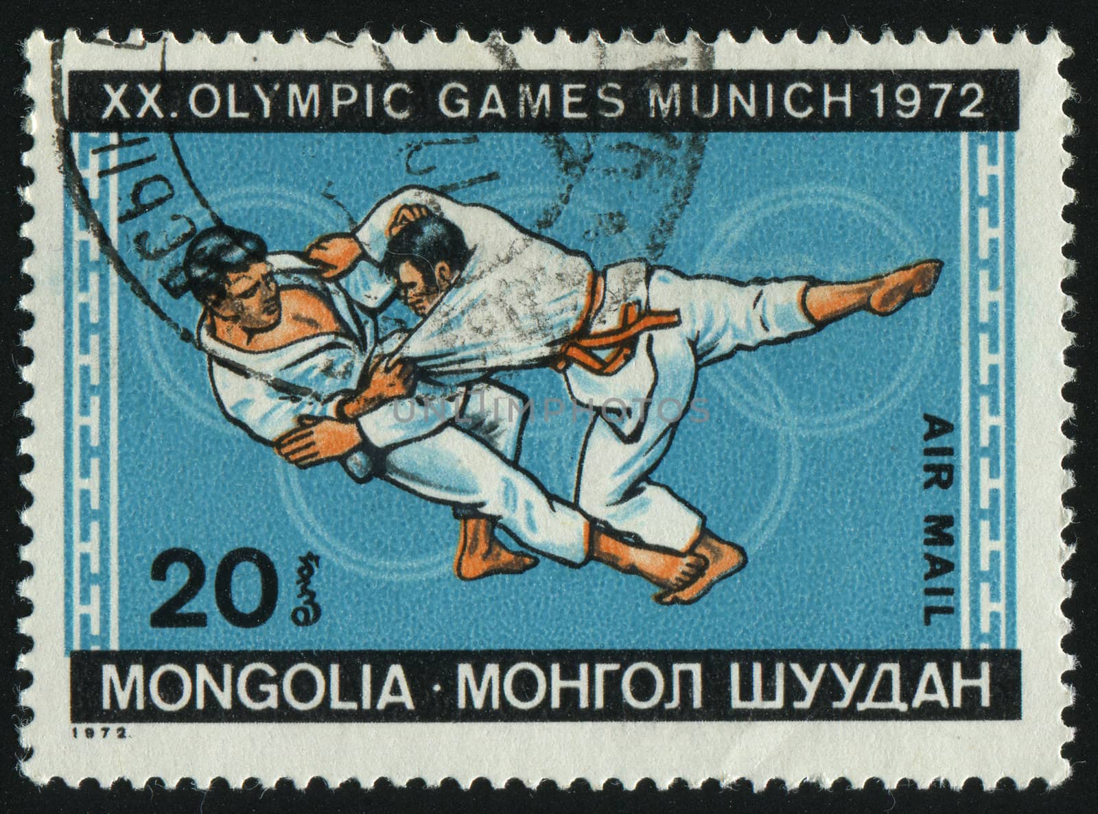 MONGOLIA - CIRCA 1972: Olympic Rings and Judo, circa 1972.