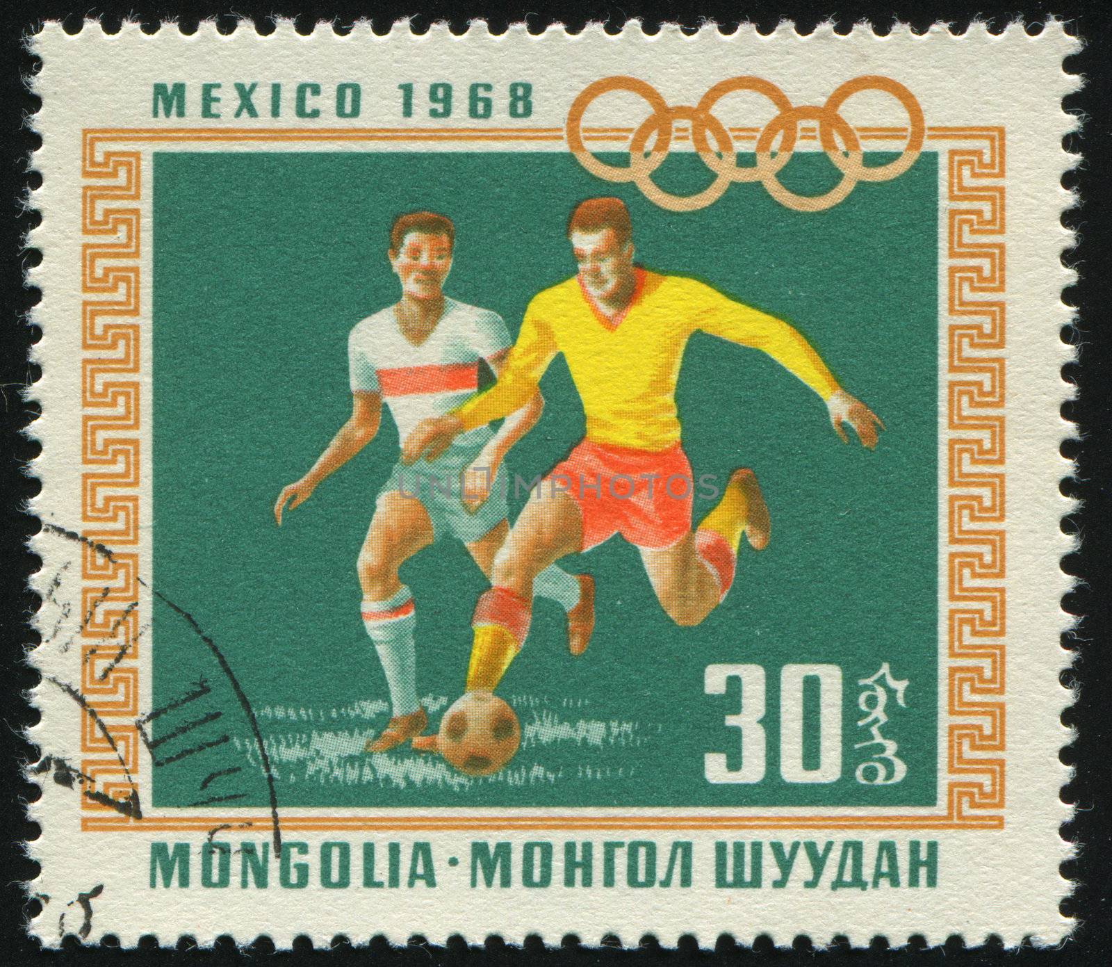MONGOLIAN - CIRCA 1968: Olympic Rings and soccer, circa 1968.