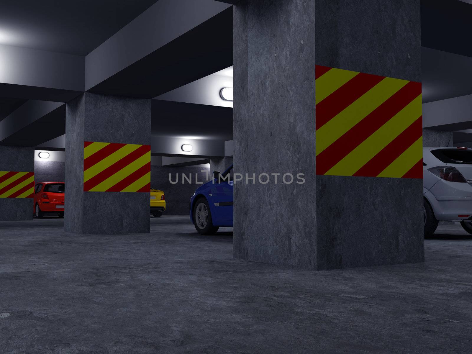 High resolution image automobile parking. 3d illustration. Underground parking.