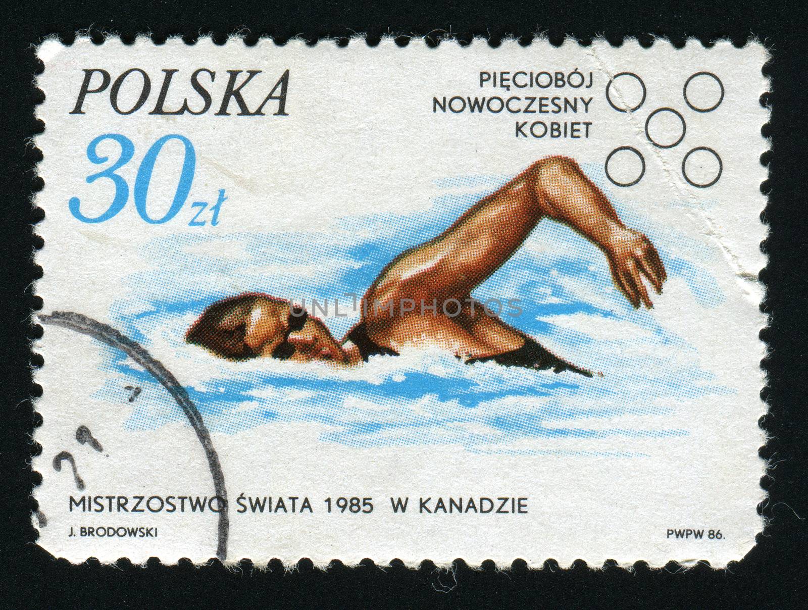 POLAND -CIRCA 1985: Sports competitions on a swimming, circa 1985.