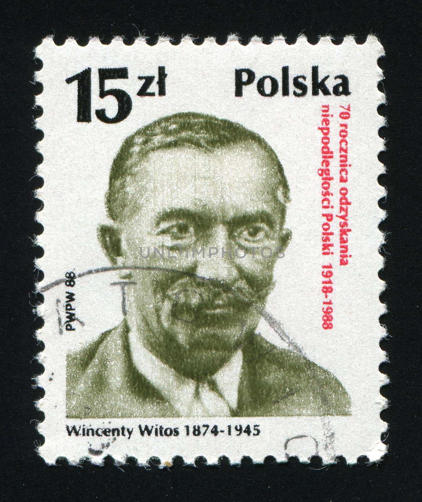 POLAND -CIRCA 1988: Wincenty Witos was a prominent member of the Polish People's Party from 1895, and leader of its "Piast" faction from 1913., circa 1988.