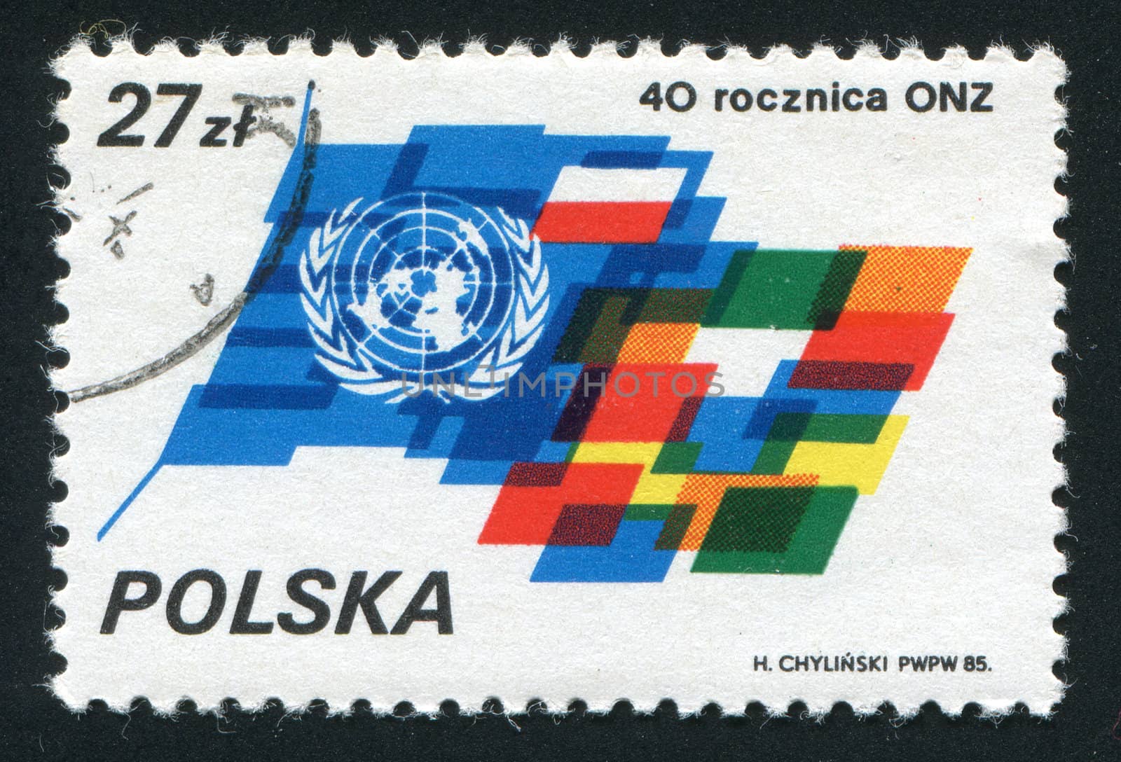 POLAND - CIRCA 1985: The United Nations is an international organization whose stated aims are facilitating cooperation in international law, international security, economic development, circa 1985.