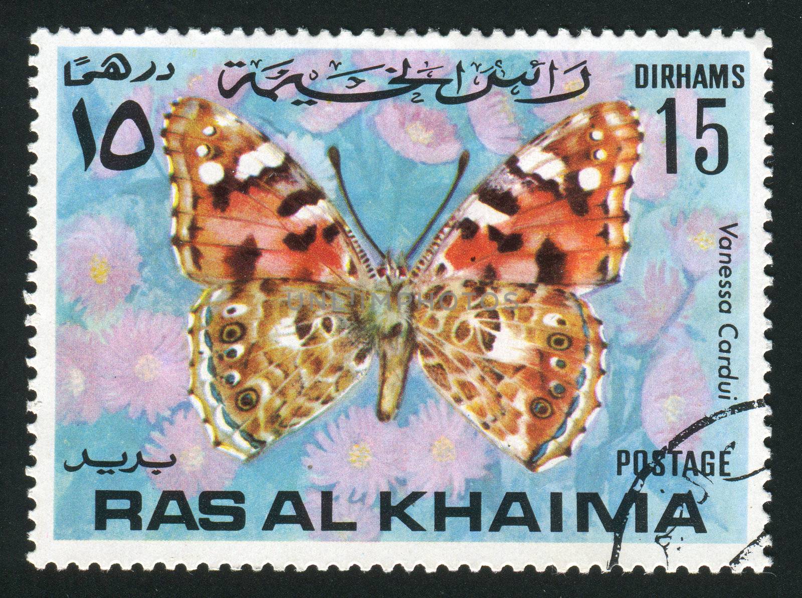 RAS AL KHAIMA - CIRCA 1978: Vanessa cardui is a well-known colourful butterfly, sometimes known in North America as the Cosmopolitan, circa 1978.