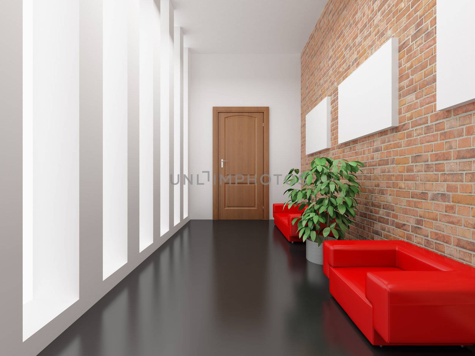 High resolution image interior. 3d illustration. Reception with a red sofa.