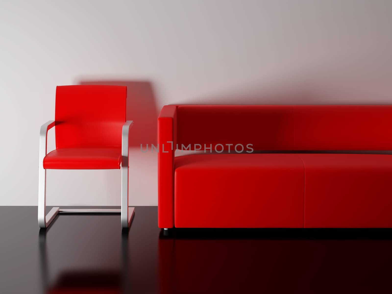 Red sofa in a room. High resolution image interior. 3d illustration modern interior.