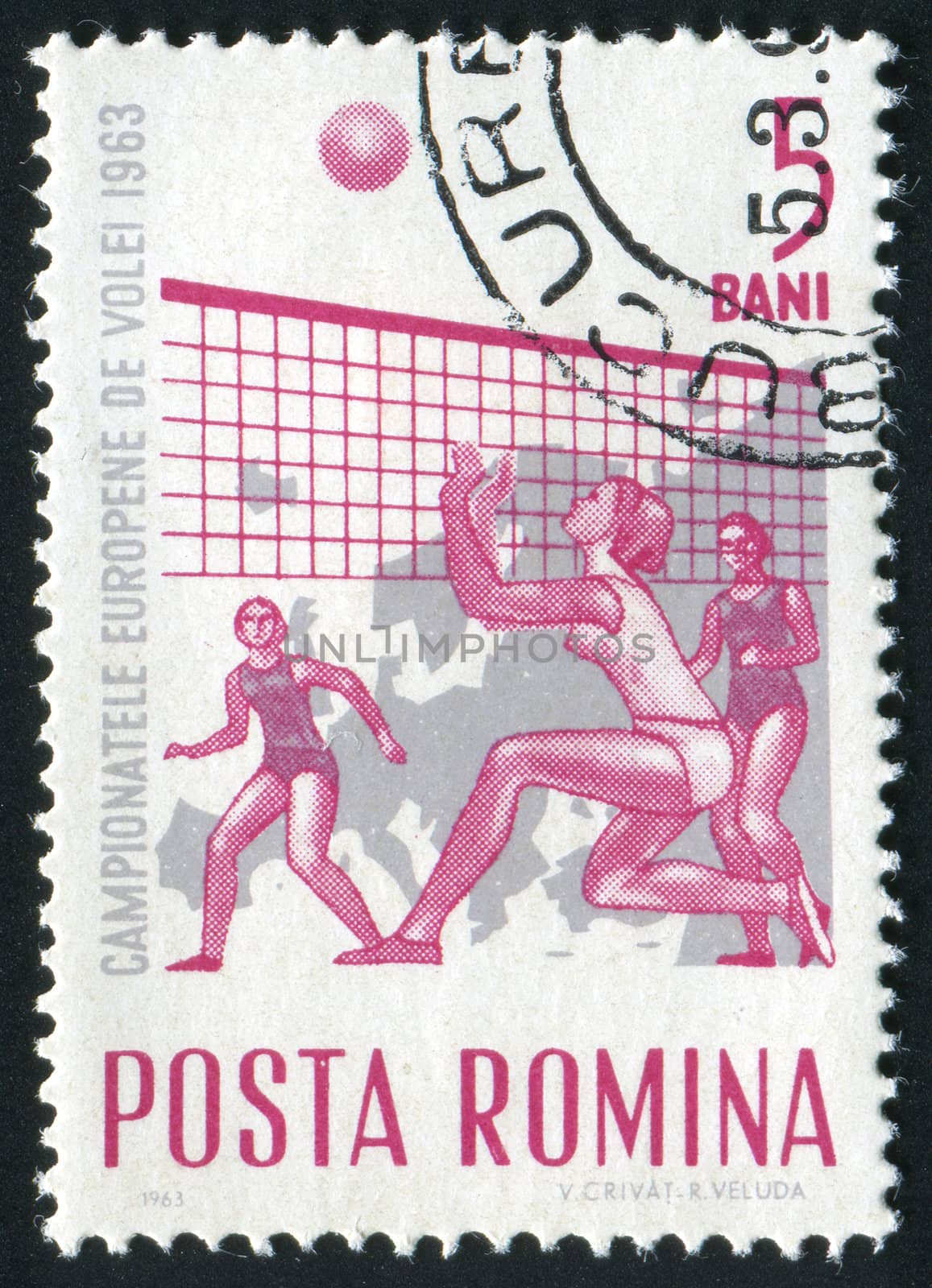 ROMANIA - CIRCA 1963: Sports competitions on volleyball, circa 1963.