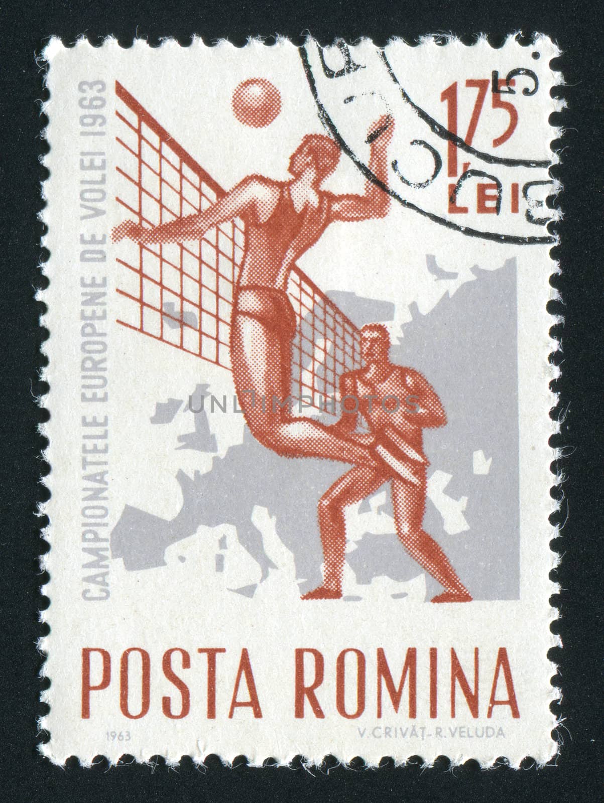 ROMANIA - CIRCA 1963: Sports competitions on volleyball, circa 1963.