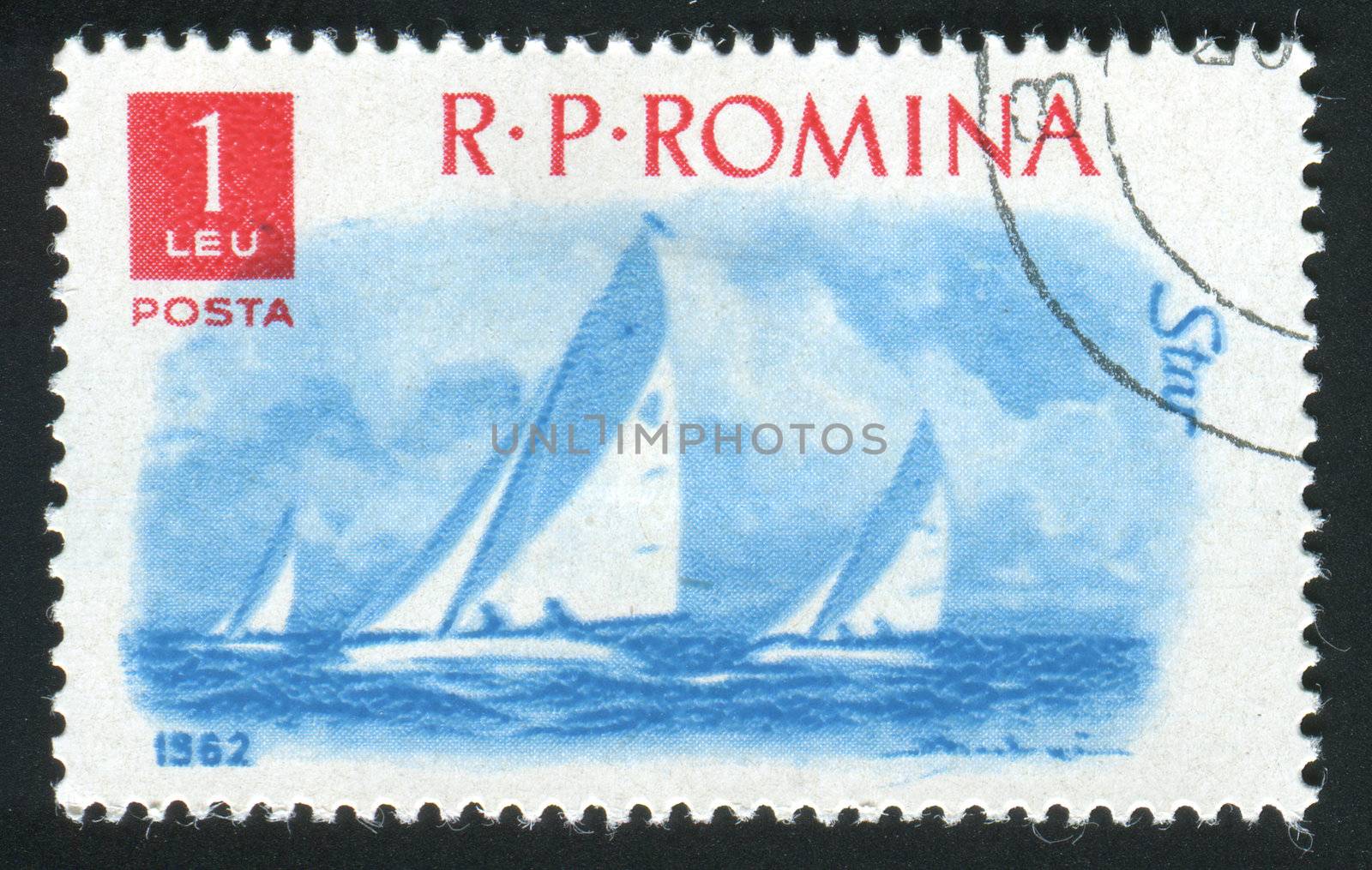 ROMANIA -CIRCA 1962: Sports racing on rowing on a sailboat, circa 1962.