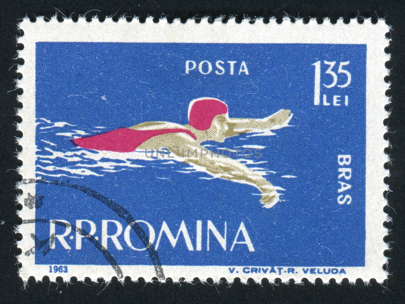 ROMANIA -CIRCA 1963: Sports competitions on a breaststroke, circa 1963.