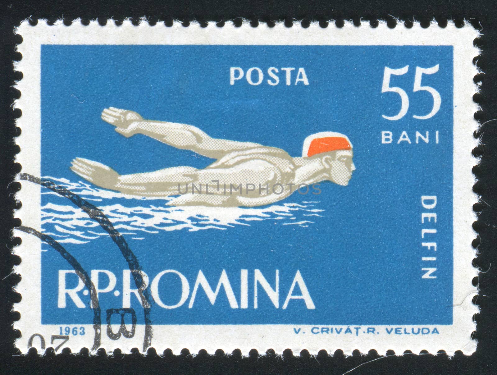 ROMANIA -CIRCA 1963: Sports competitions on a butterflystroke, circa 1963.