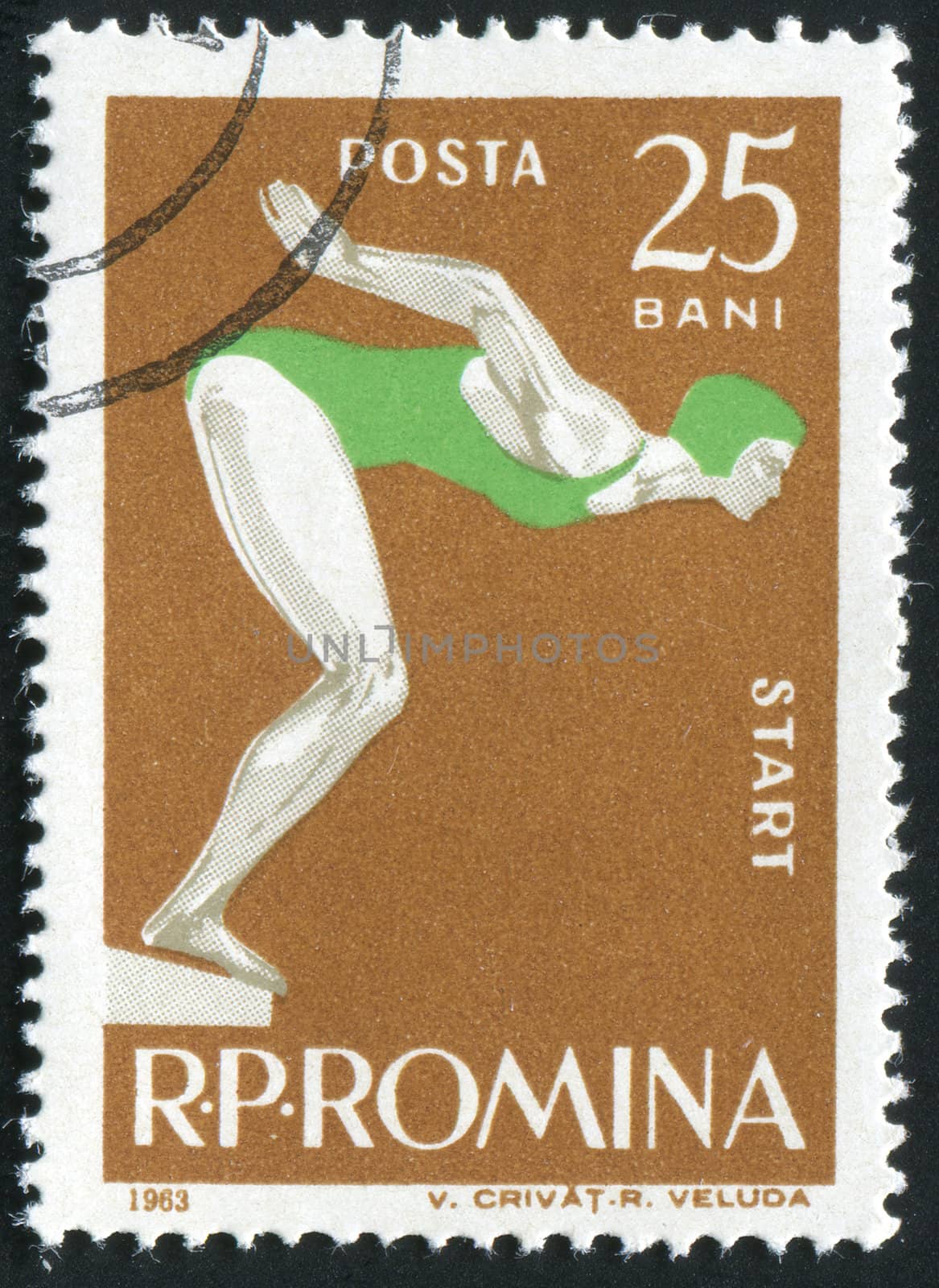 ROMANIA -CIRCA 1963: Sports competitionsa. Woman swimmer start, circa 1963.