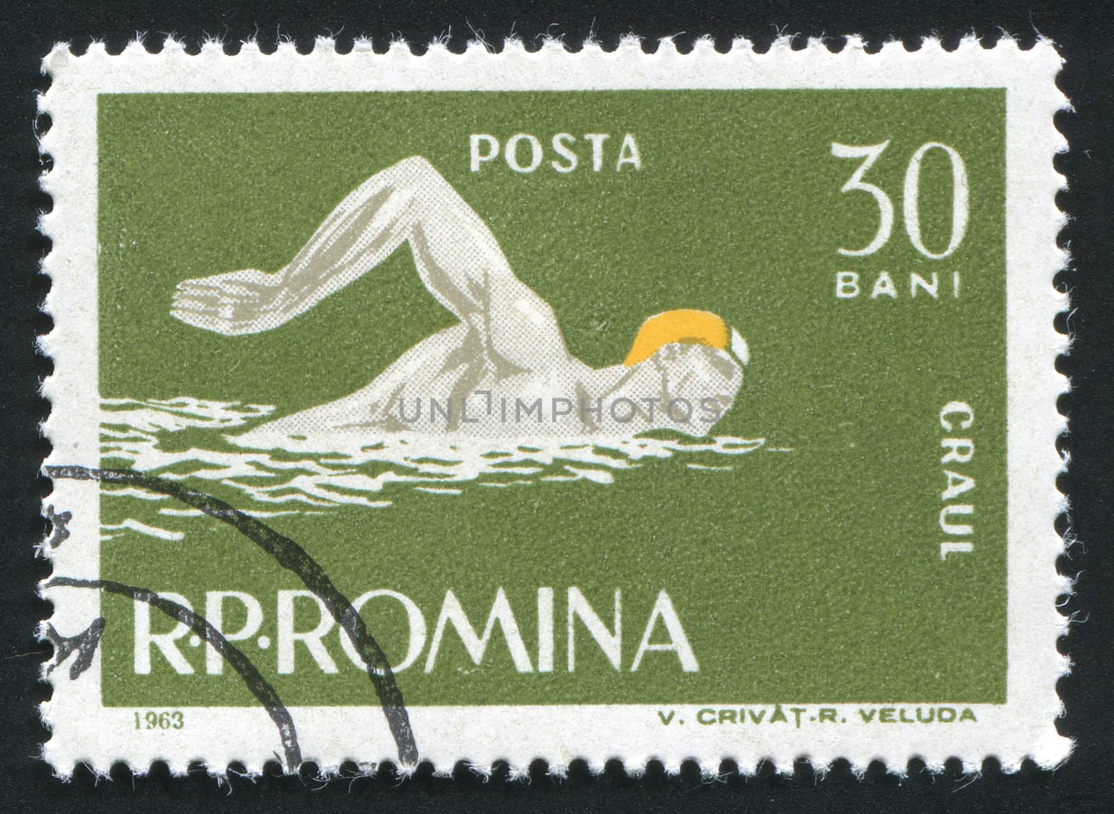 ROMANIA -CIRCA 1963: Sports competitions on a butterflystroke, circa 1963.