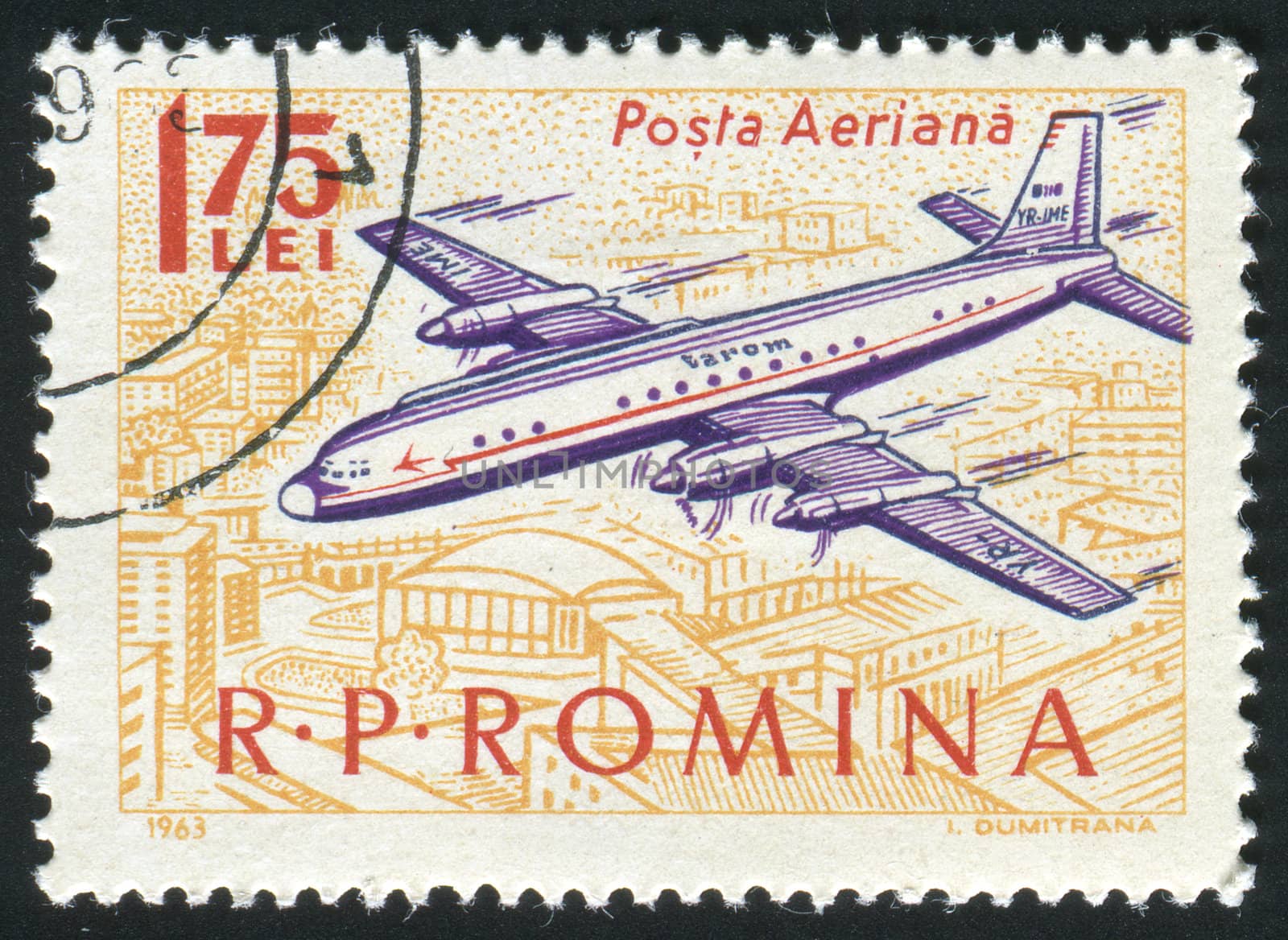 ROMANIA - CIRCA 1963: The plane flies over a city, circa 1963.