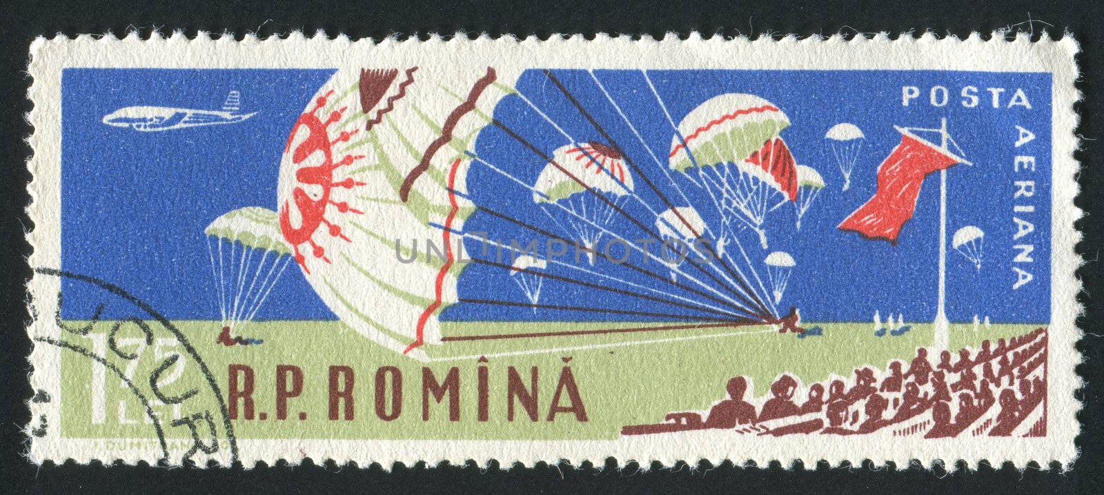 ROMANIA - CIRCA 1960: Parachutes at aviation sports meet, circa 1960.