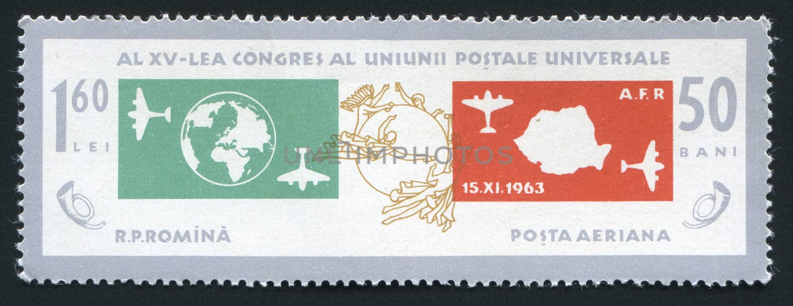 ROMANIA - CIRCA 1963: XV congress of air carriers of mail, circa 1963.