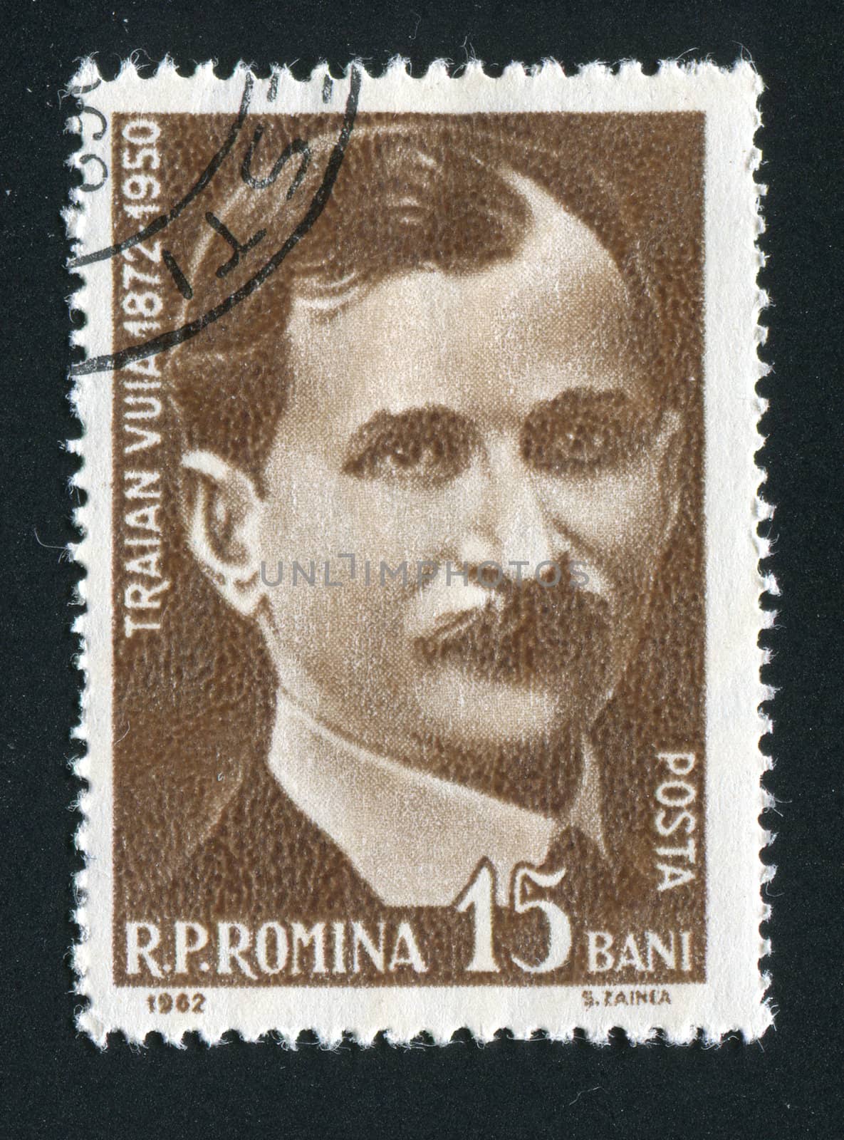 ROMANIA - CIRCA 1962: Traian Vuia was a Romanian inventor, who designed, built and flew the first self-propelling heavier-than-air aircraft in Europe, in 1906, circa 1962.