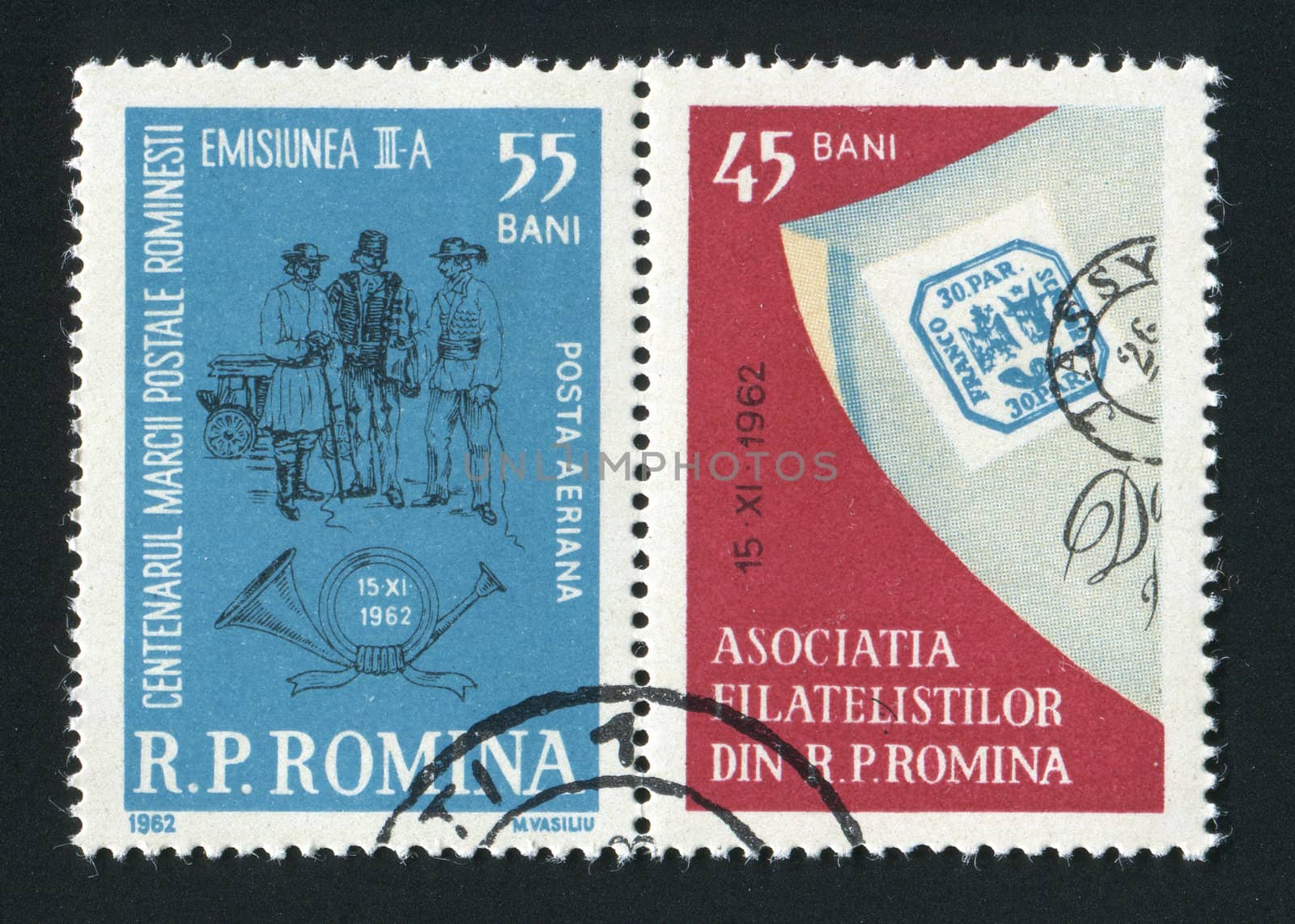 ROMANIA - CIRCA 1962: The Coachmen by Szatmary. Association of philatelists of Romania, circa 1962.