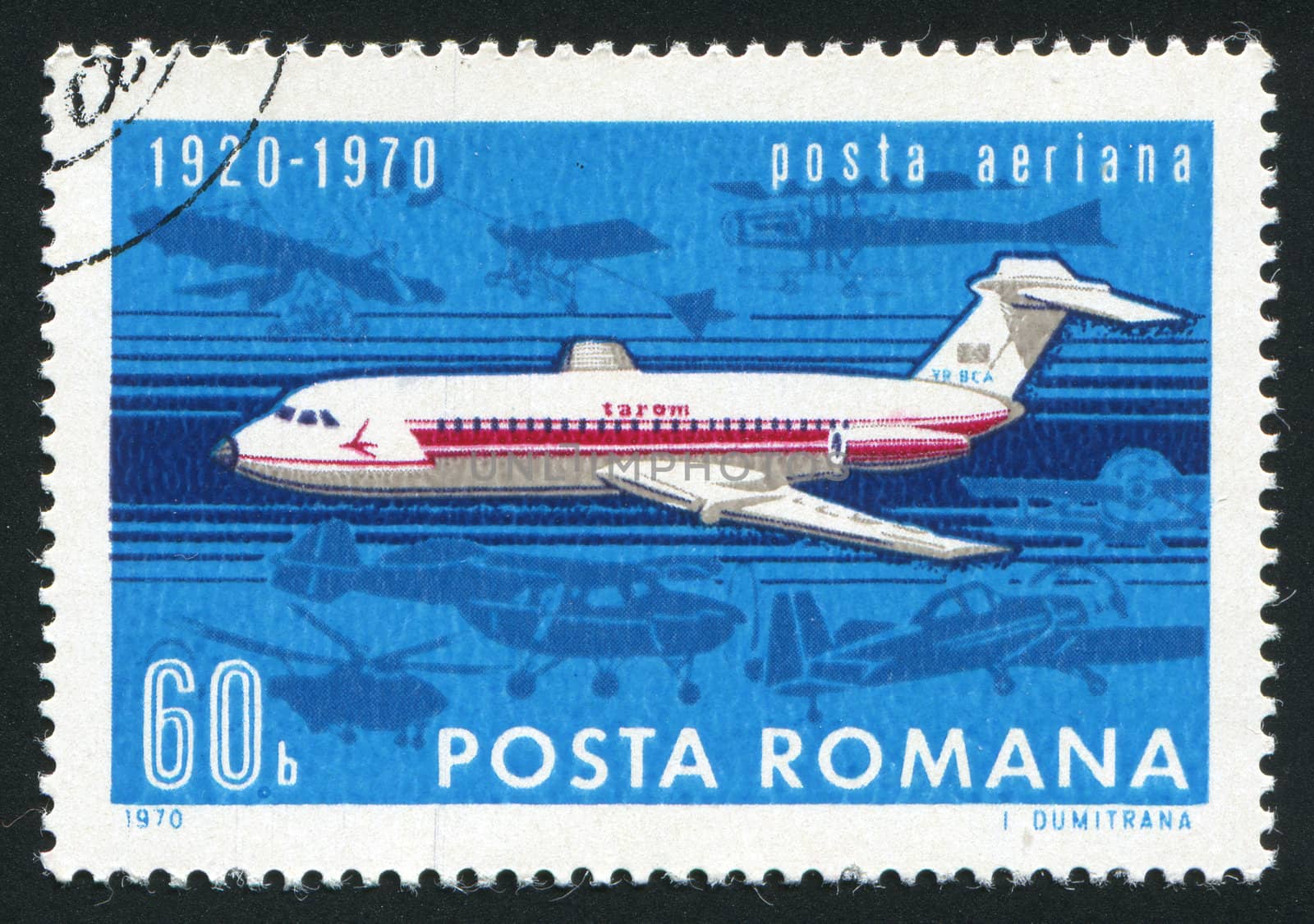 ROMANIA - CIRCA 1970: The flying plane an air mail symbol, circa 1970.