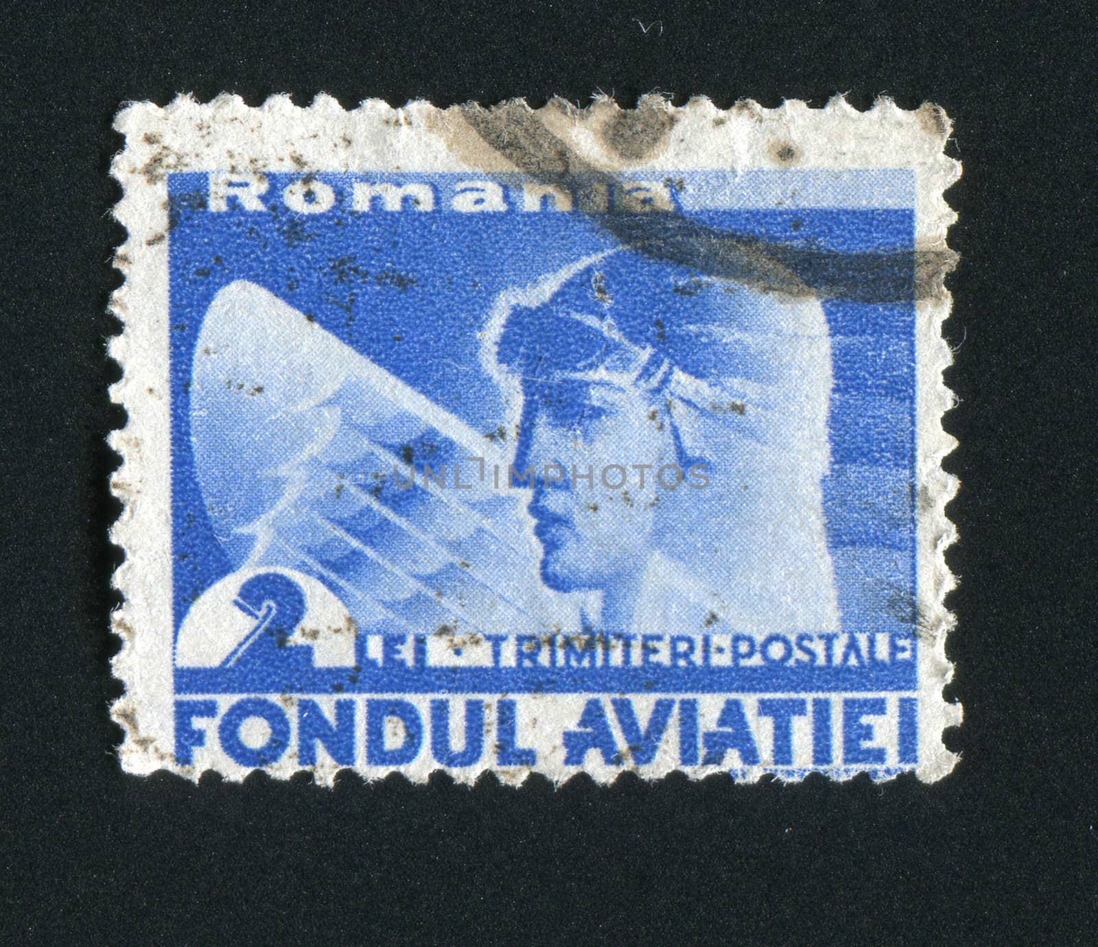 ROMANIA - CIRCA 1936: Head of the pilot in a helmet, circa 1936.