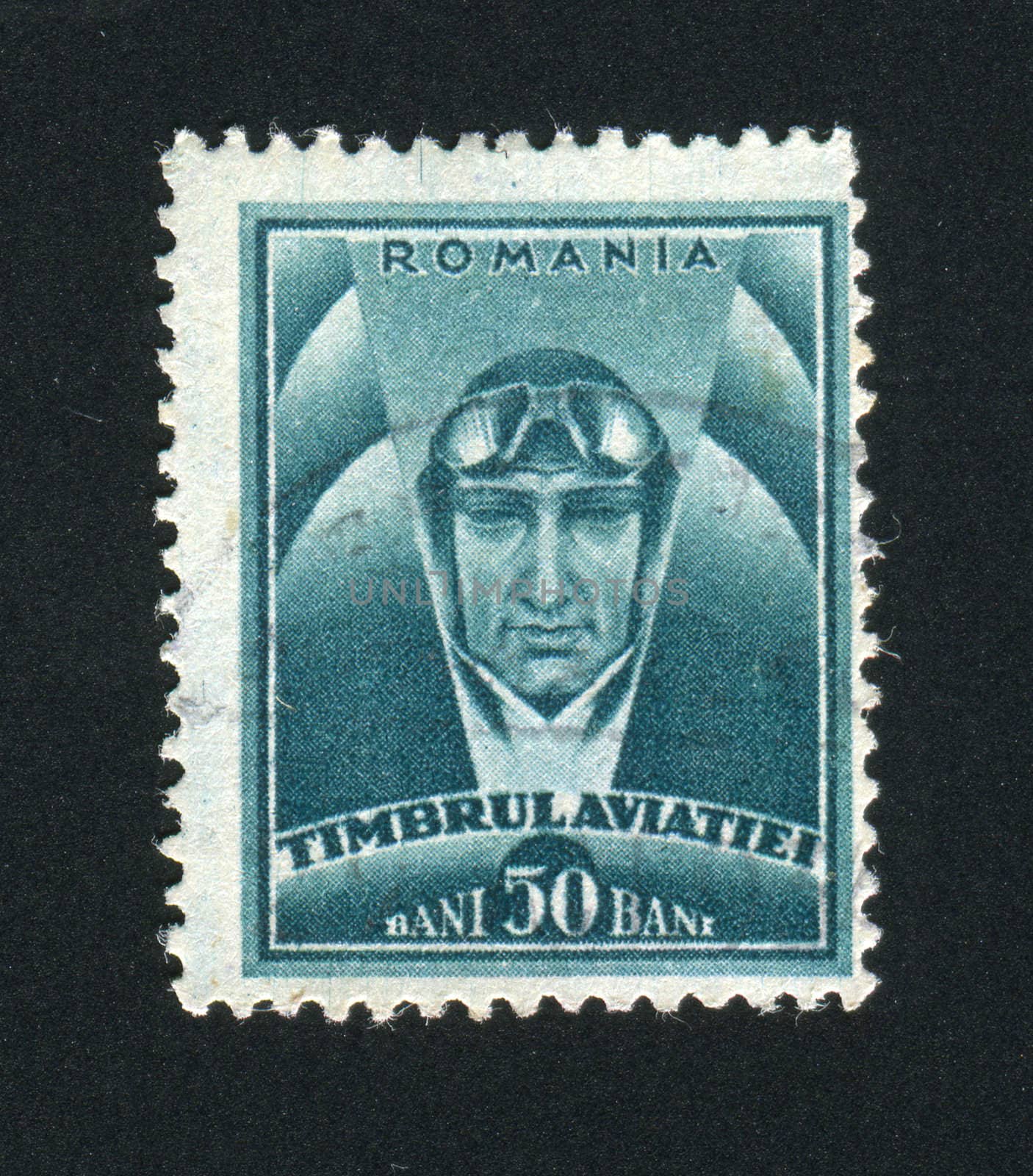 ROMANIA - CIRCA 1936: Head of the pilot in a helmet, circa 1936.