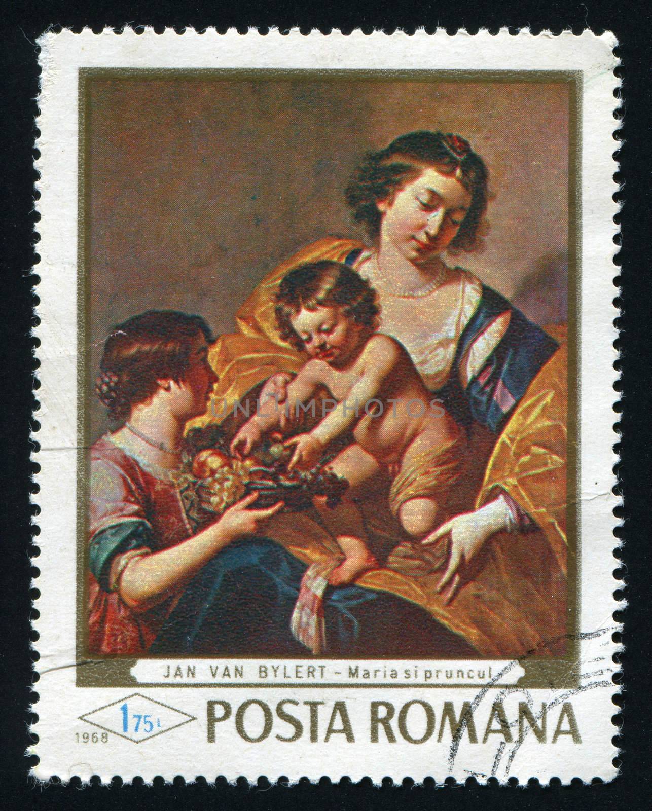 ROMANIA - CIRCA 1968: Madonna and child with fruit basket by Jan van Bylert, circa 1968.
