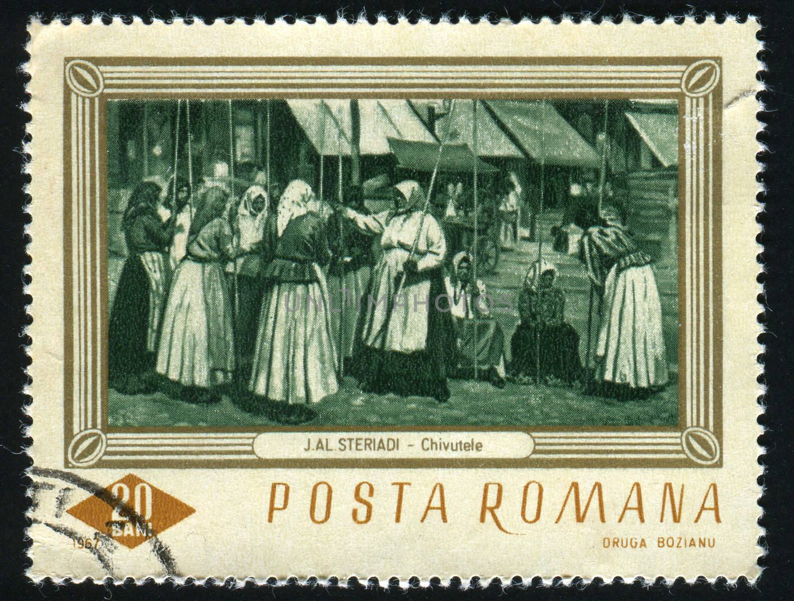 ROMANIA - CIRCA 1967: Washwomen, by J. Al. Steriadi, circa 1967.