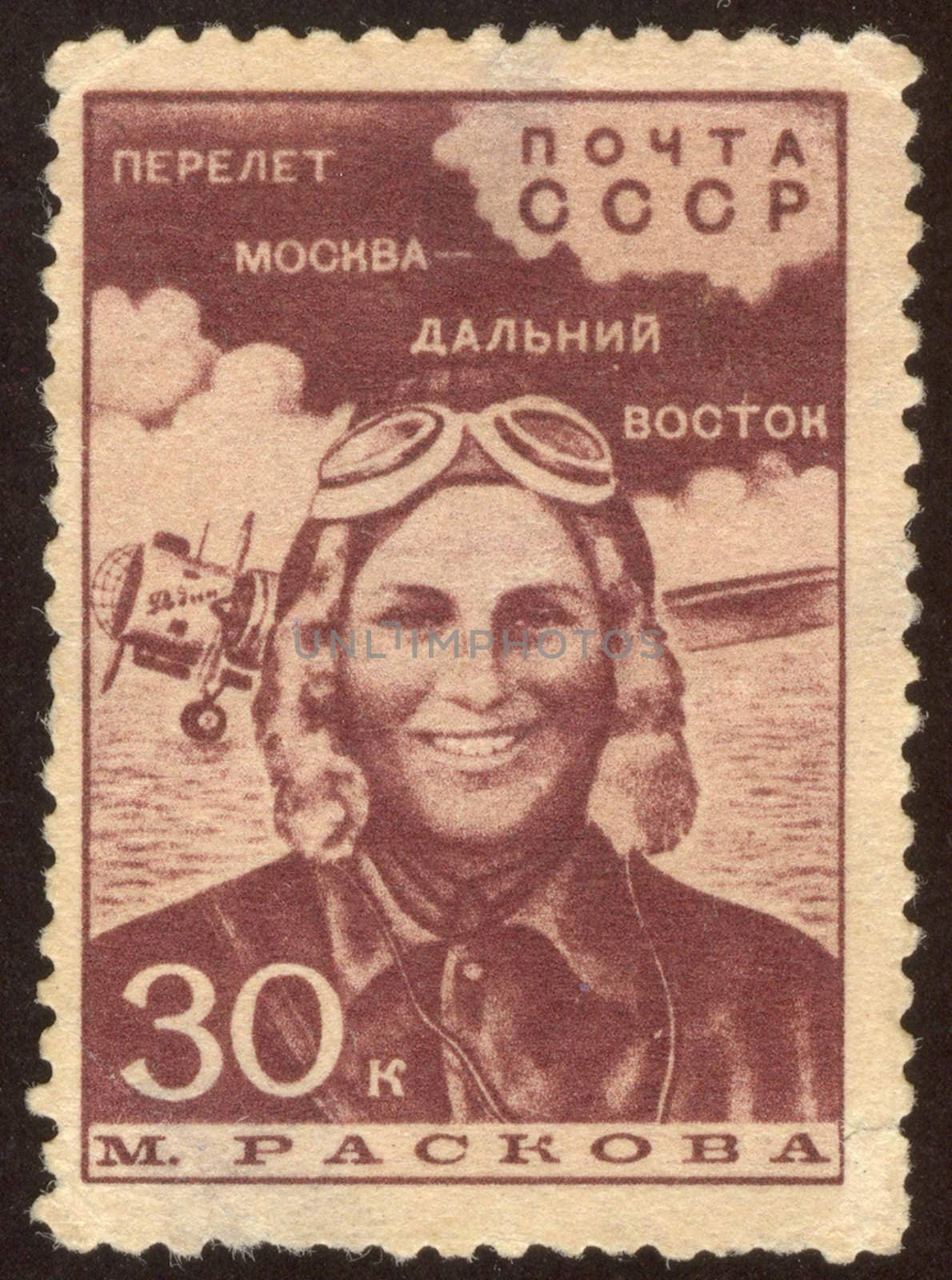 The scanned stamp. The Soviet stamp. The woman the officer, the military pilot.