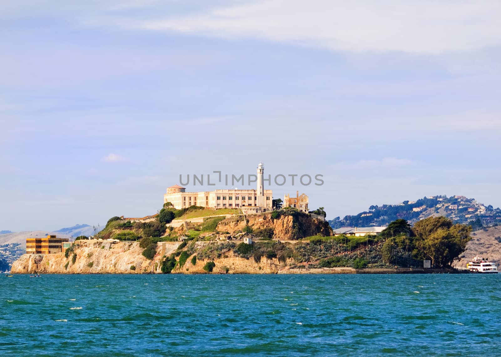 Closeup of Alcatraz island once a federal prison now a museum