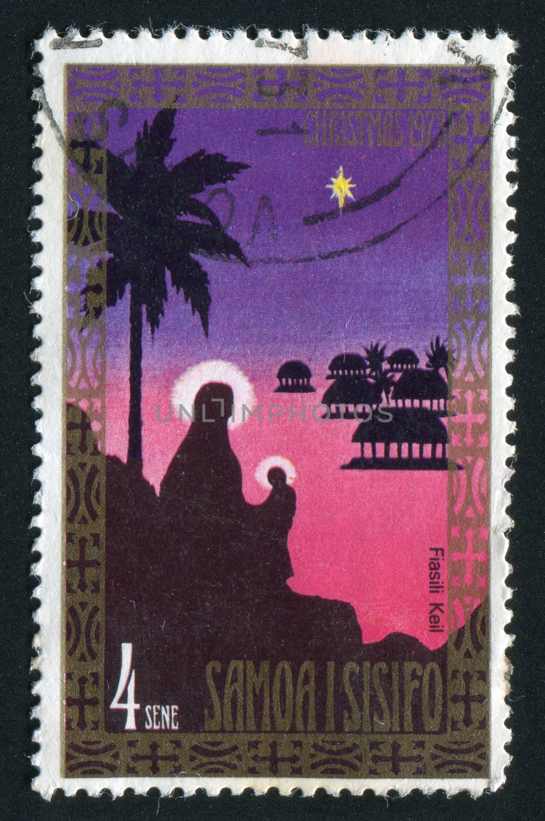 SAMOA - CIRCA 1977: Silhouettes of palm trees and houses, circa 1977.