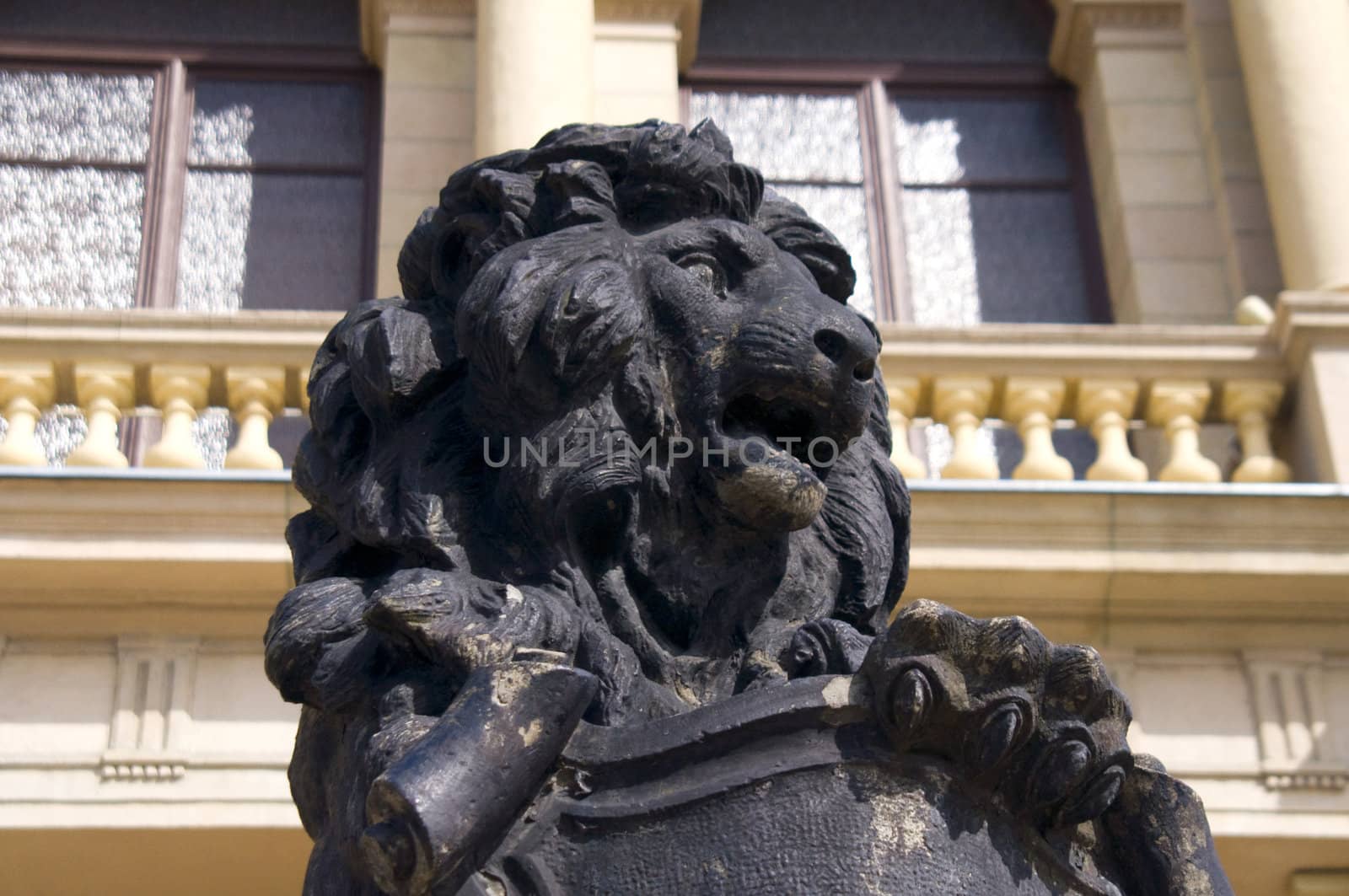 Facade of a city building. City street. Statue of a lion.