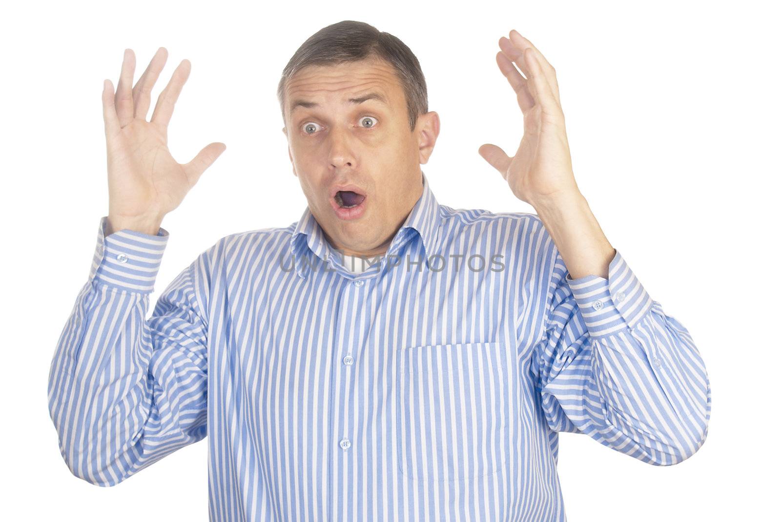 Emotion of surprise at the adult man isolated over white background