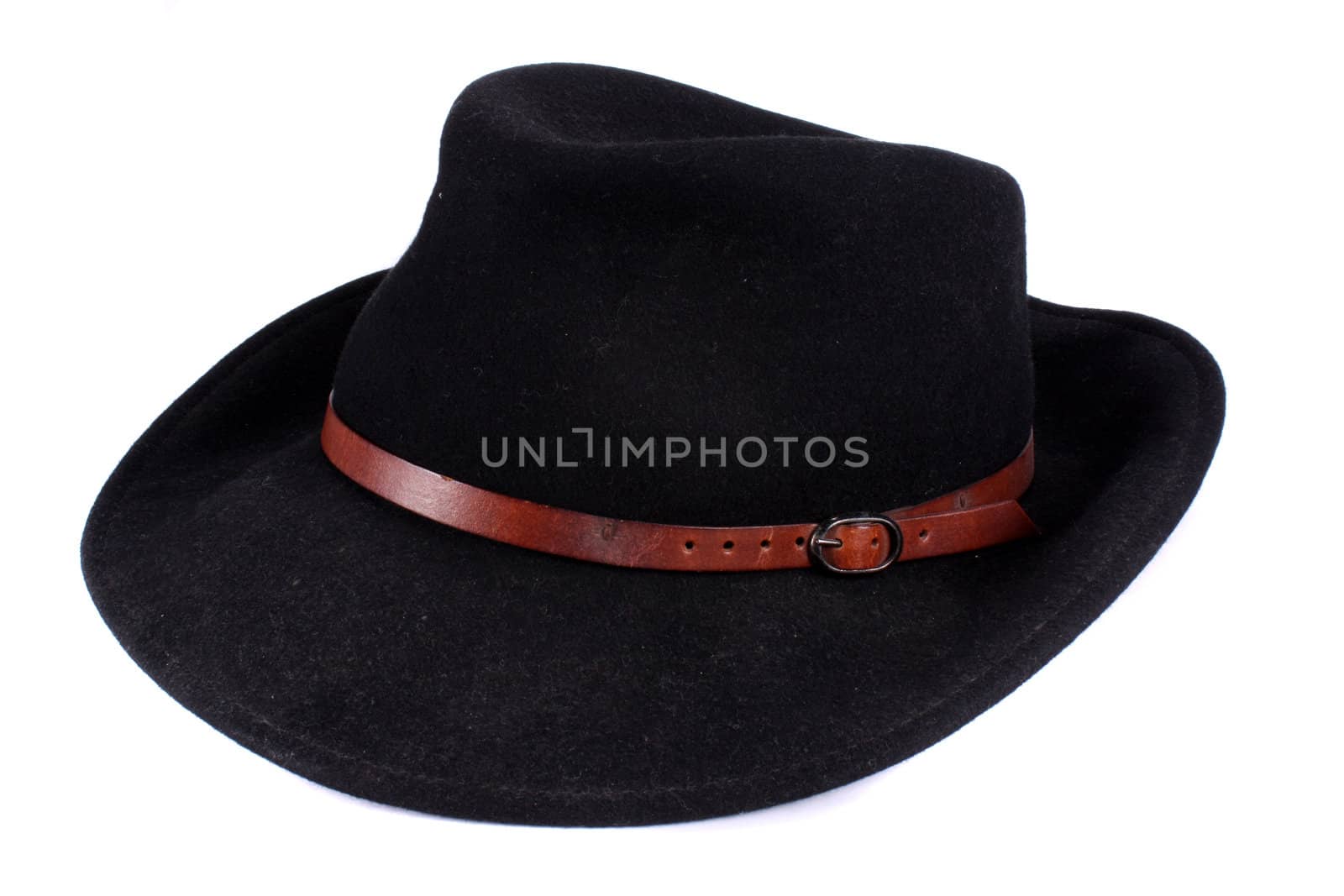 An old black fedora hat, isolated on white studio background.