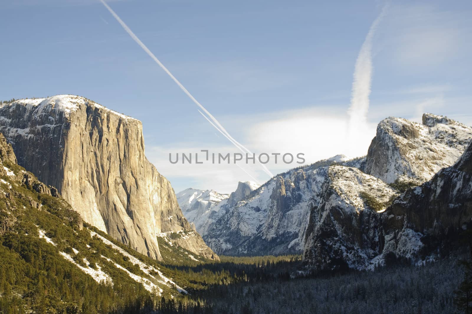 Sunset on Half Dome and El Capitan in Yosemite valley