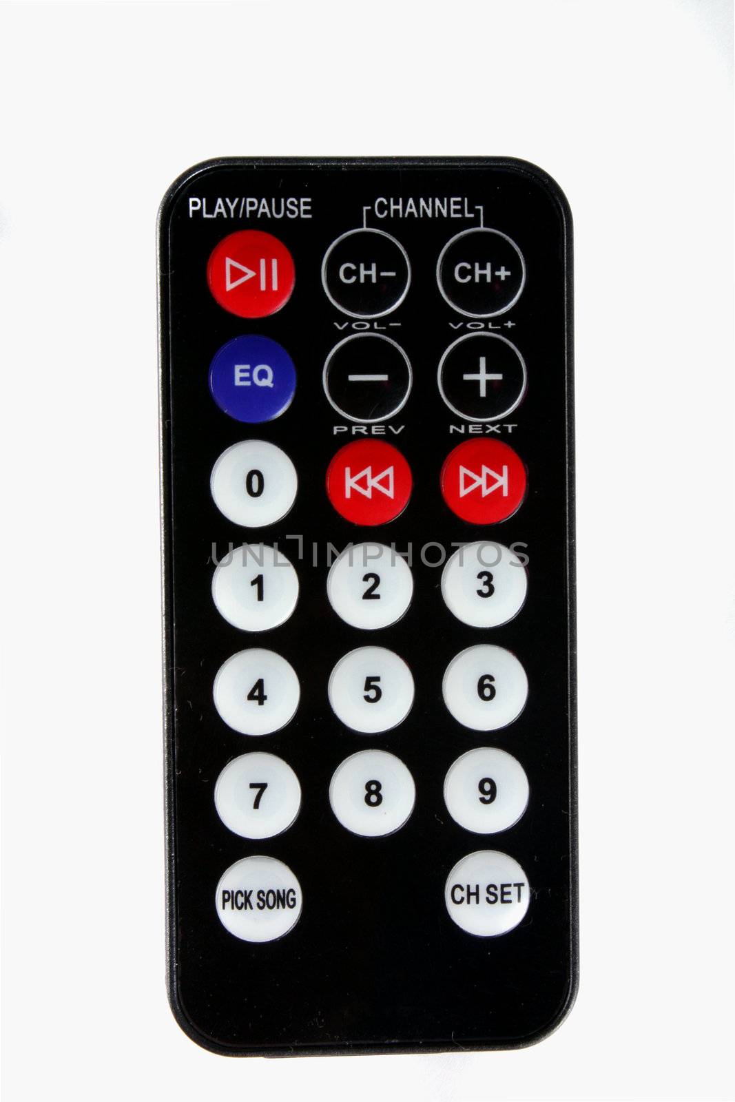 A black remote control of a music system, isolated on white background.