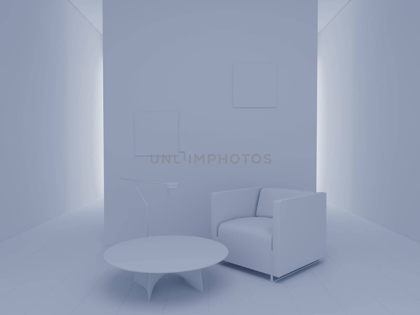 White armchair in a white room. High resolution image interior. 3d illustration modern interior.