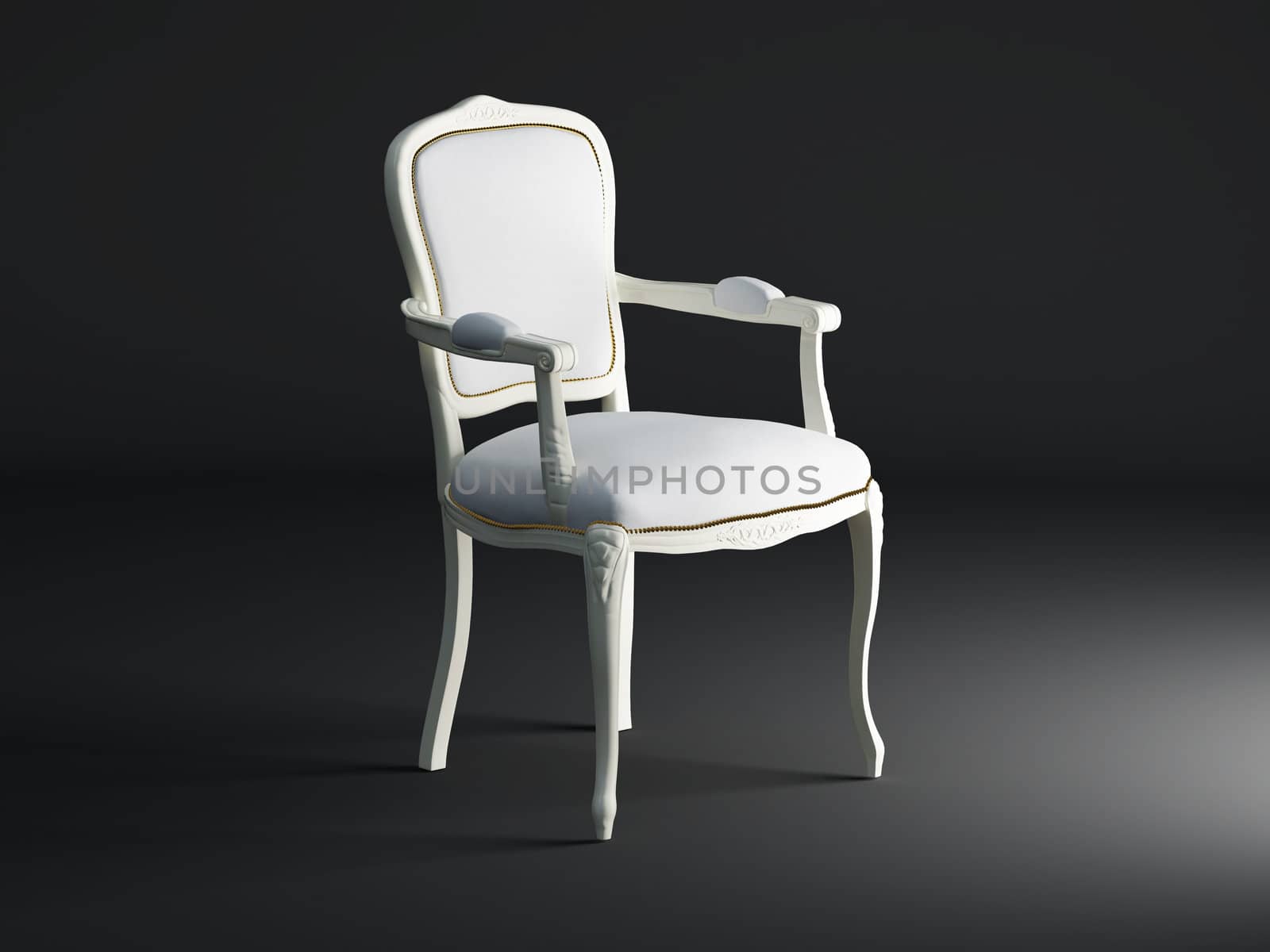 High resolution image white armchair. 3d illustration over  dark backgrounds.