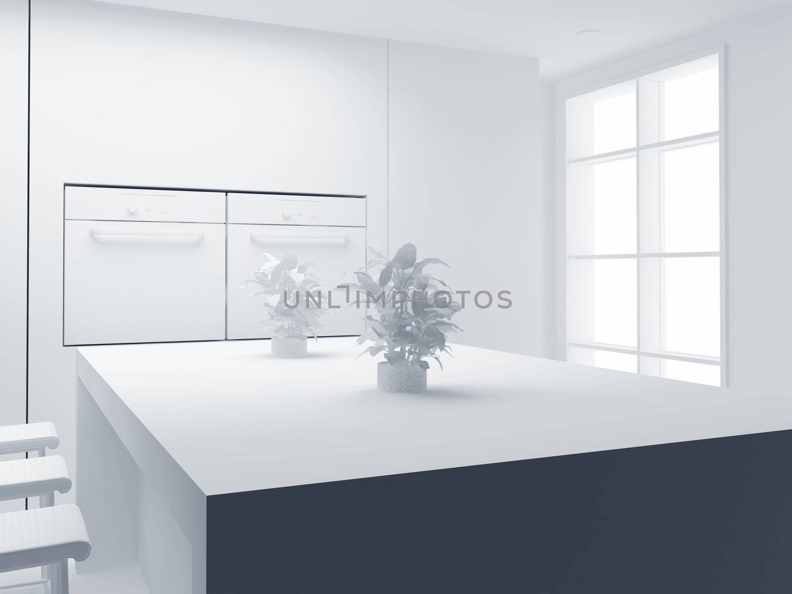 View of a modern kitchen. 3d illustration. Modern interior of kitchen in house.