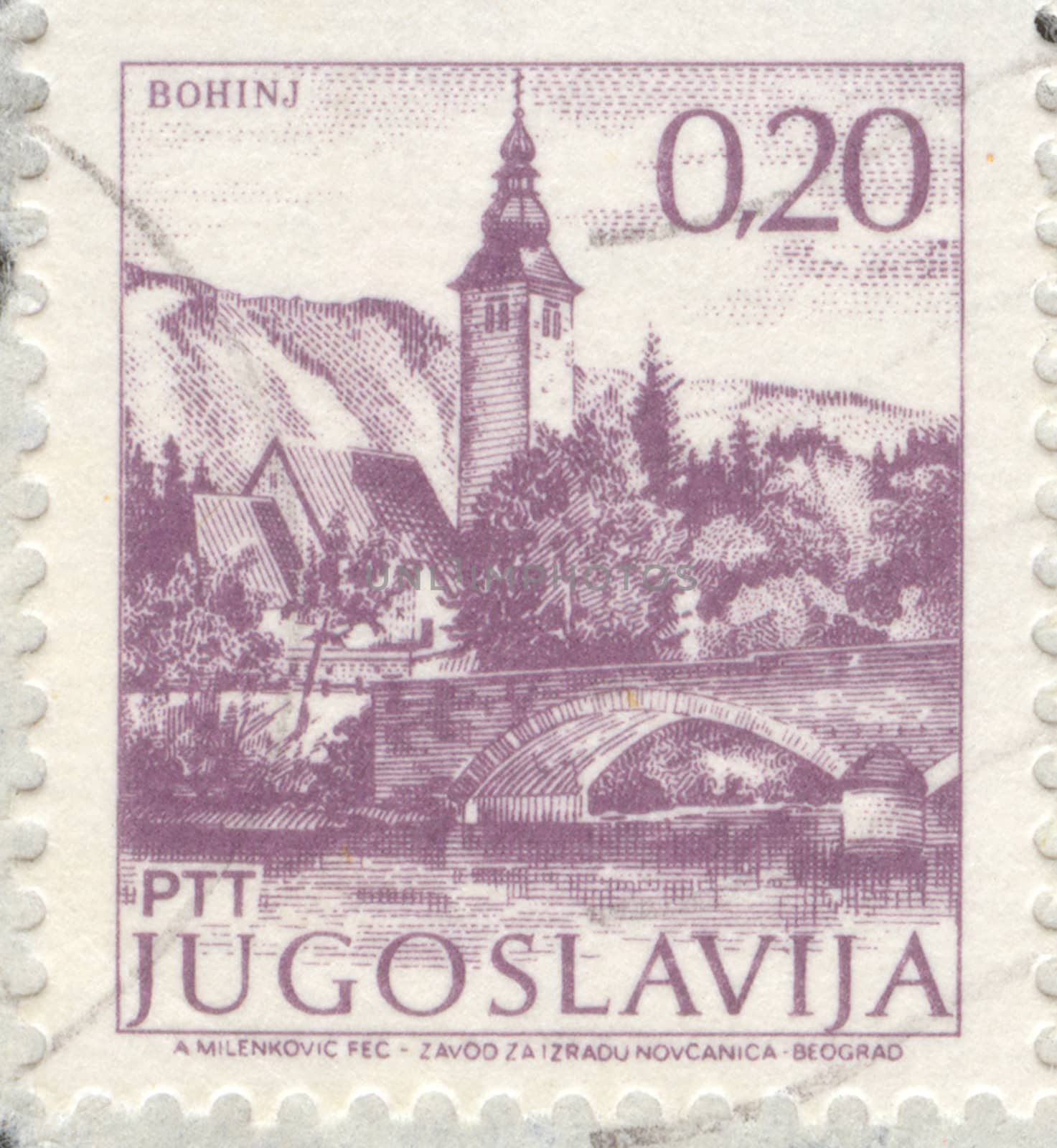 The scanned stamp. The Yugoslavian stamp. The bridge through the river.